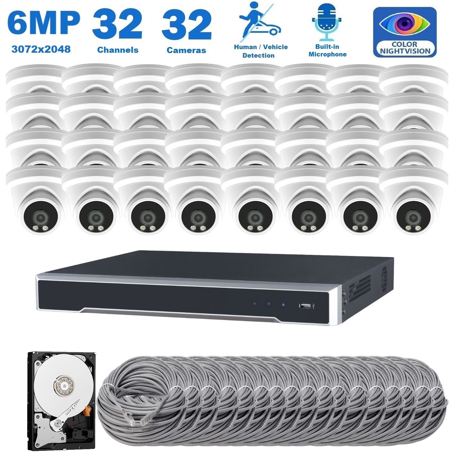 Full Color Night Vision 6MP Wired Audio Security Camera System, 32 Camera Surveillance Kit Outdoor DIY Audio 10TB HDD Included for Home Business