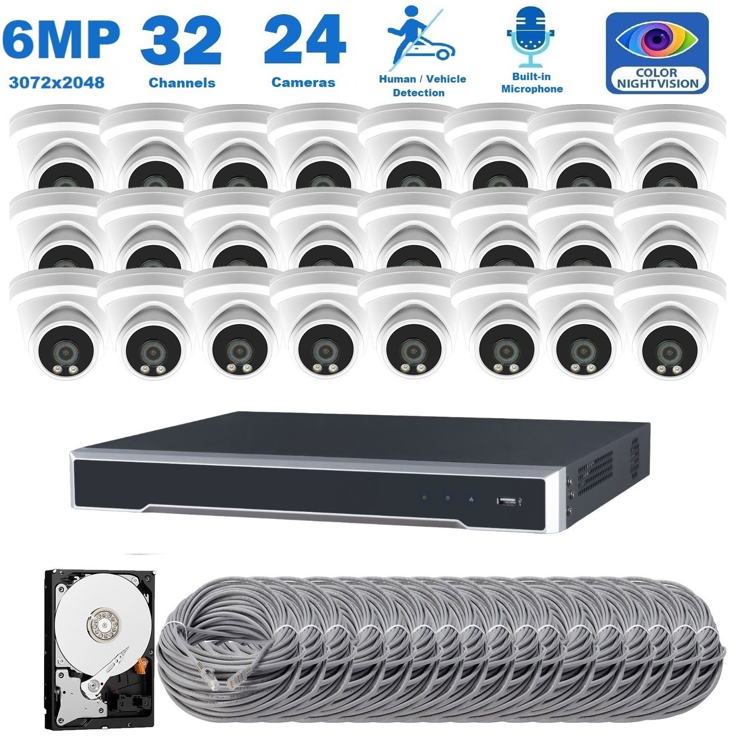 Full Color Night Vision 6MP Wired Audio Security Camera System, 24 Camera Surveillance Kit Outdoor DIY Audio 10TB HDD Included for Home Business