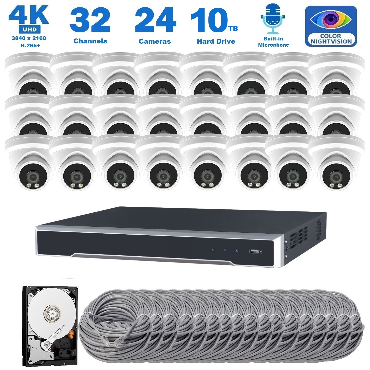 Full Color Night Vision 4K 8MP Wired Audio Security Camera System, 24 Camera Surveillance Kit Outdoor DIY Audio 10TB HDD Included for Home Business
