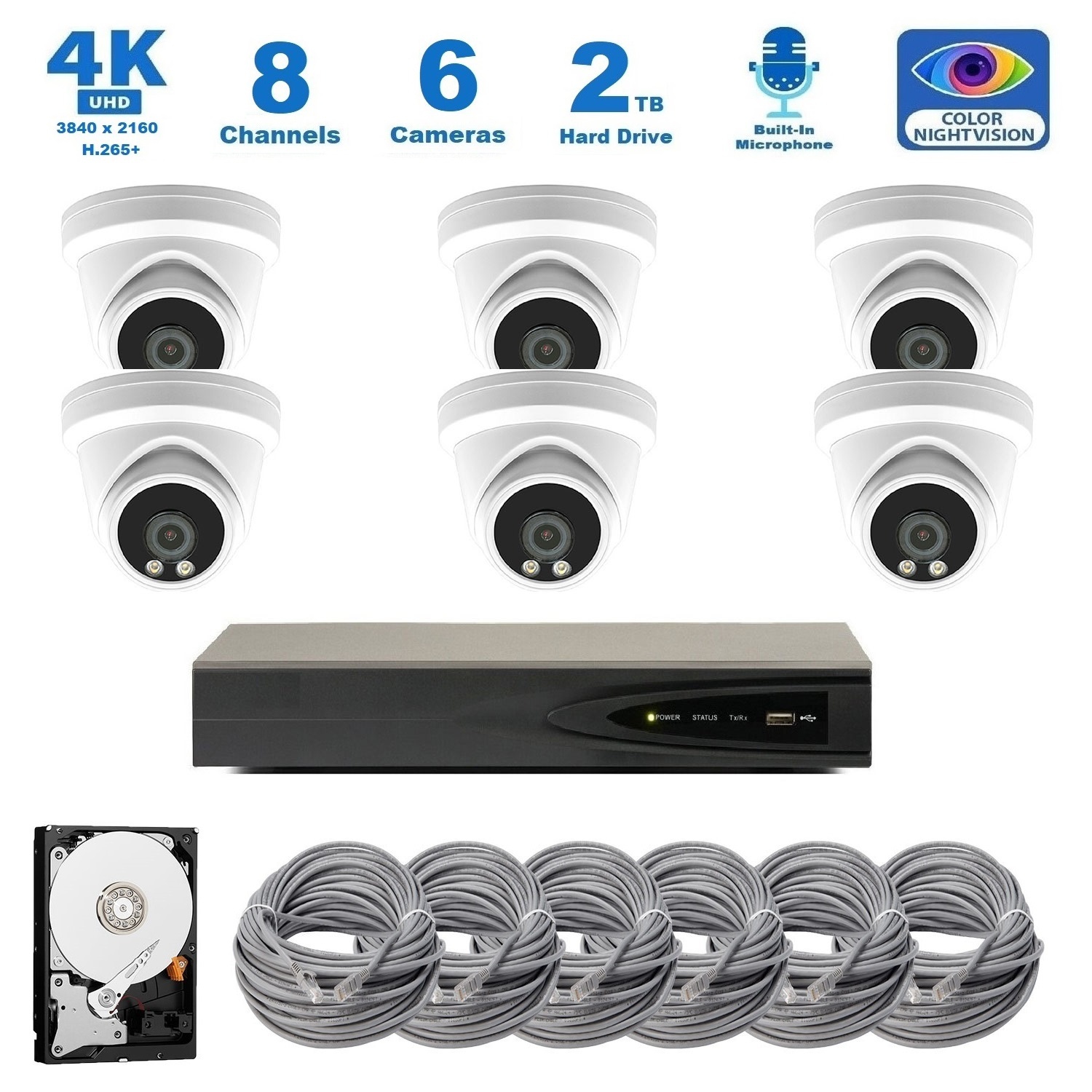 Full Color Night Vision 4K 8MP Wired Audio Security Camera System, 6 Camera Surveillance Kit Outdoor DIY Audio 2TB HDD Included for Home Business