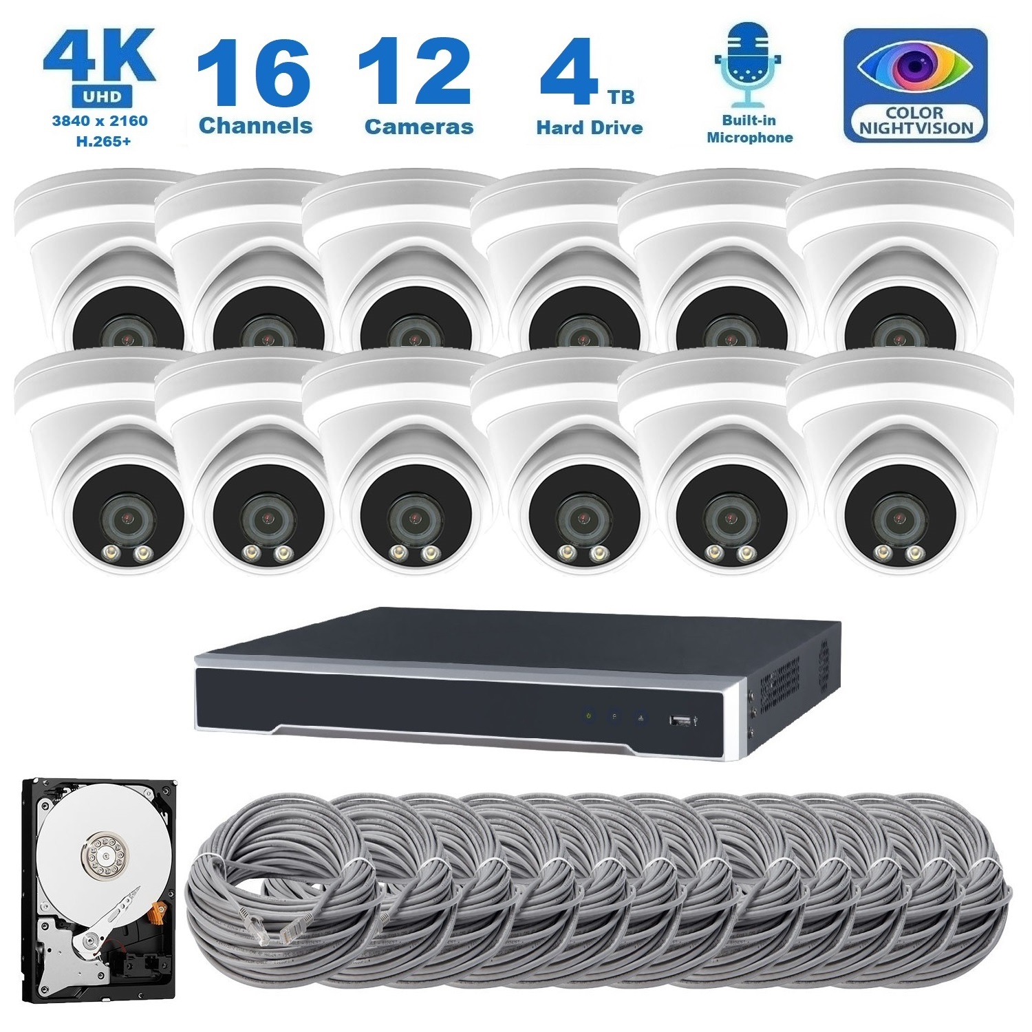 Full Color Night Vision 4K 8MP Wired Audio Security Camera System, 12 Camera Surveillance Kit Outdoor DIY Audio 4TB HDD Included for Home Business
