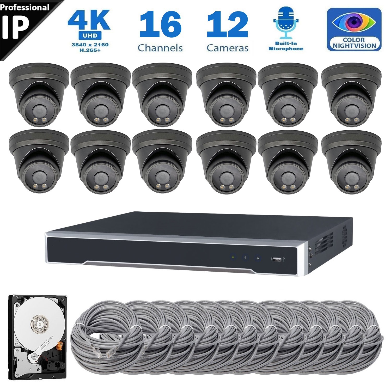 Full Color Night Vision 4K 8MP Wired Audio Security Camera System, 12 Camera Surveillance Kit Outdoor DIY Audio 4TB HDD Included for Home Business