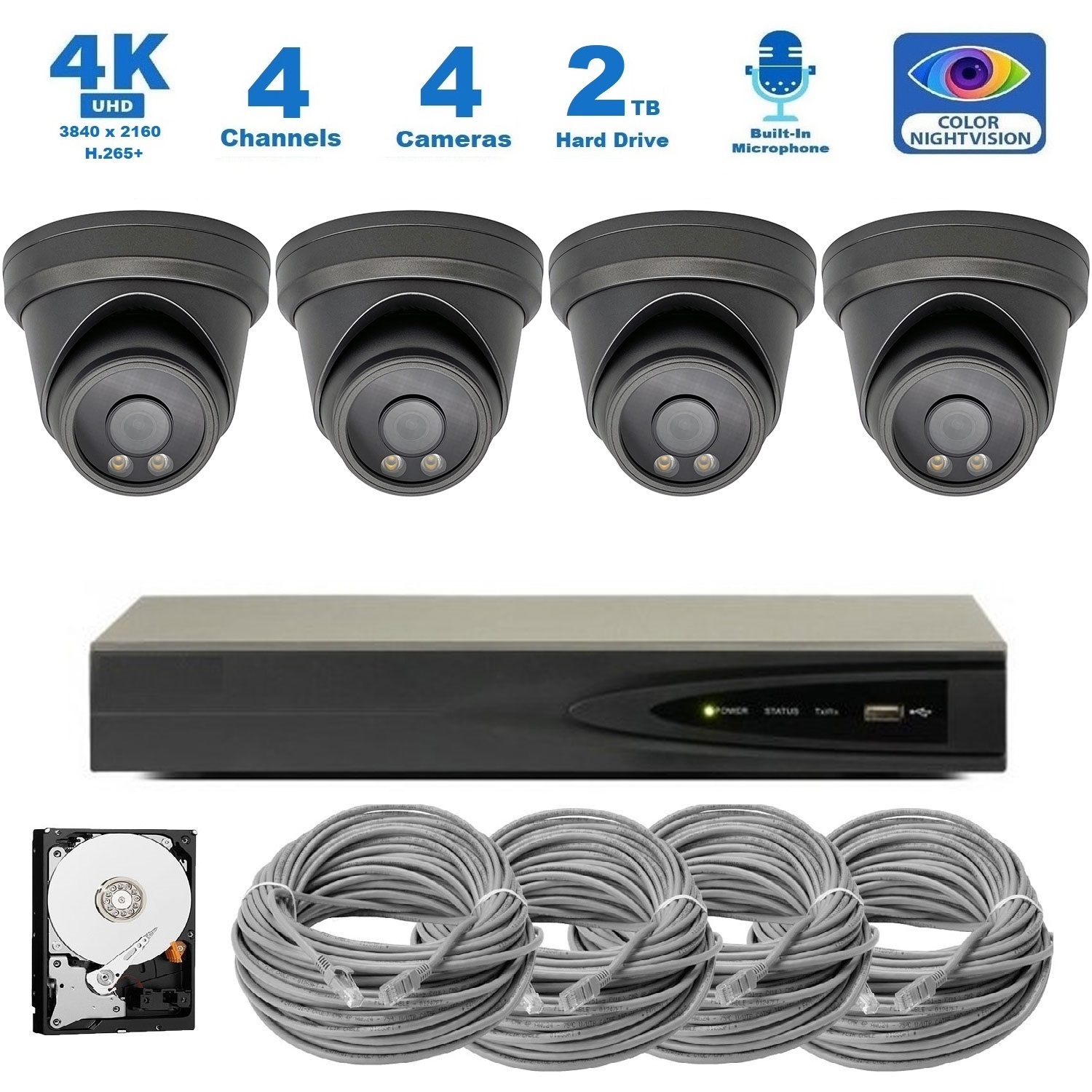 Full Color Night Vision 4K 8MP Wired Audio Security Camera System, 4 Camera Surveillance Kit Outdoor DIY Audio 2TB HDD Included for Home Business