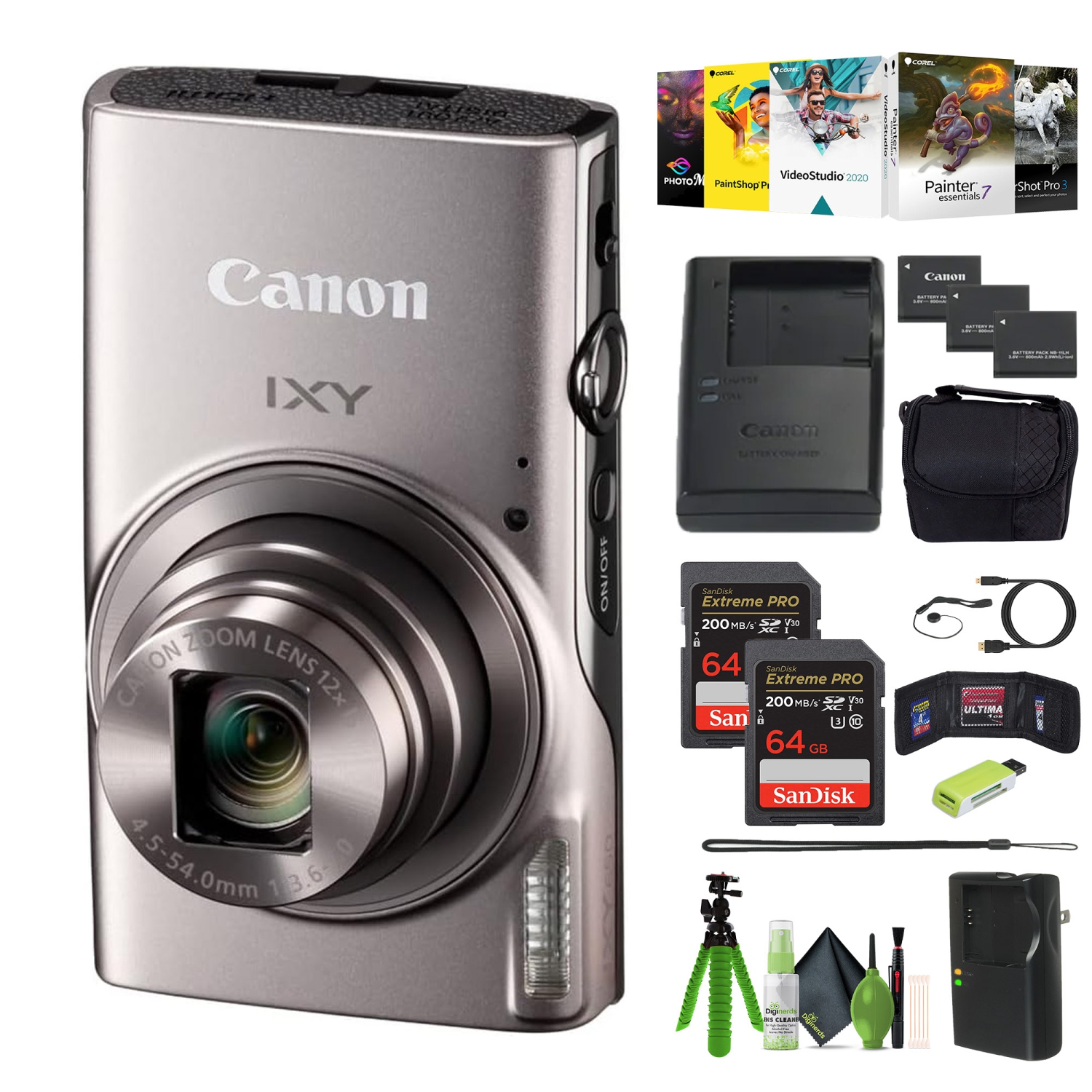 Canon Compact Digital Camera IXY 650 12x Optical Zoom IXY650 - Silver - Bundle