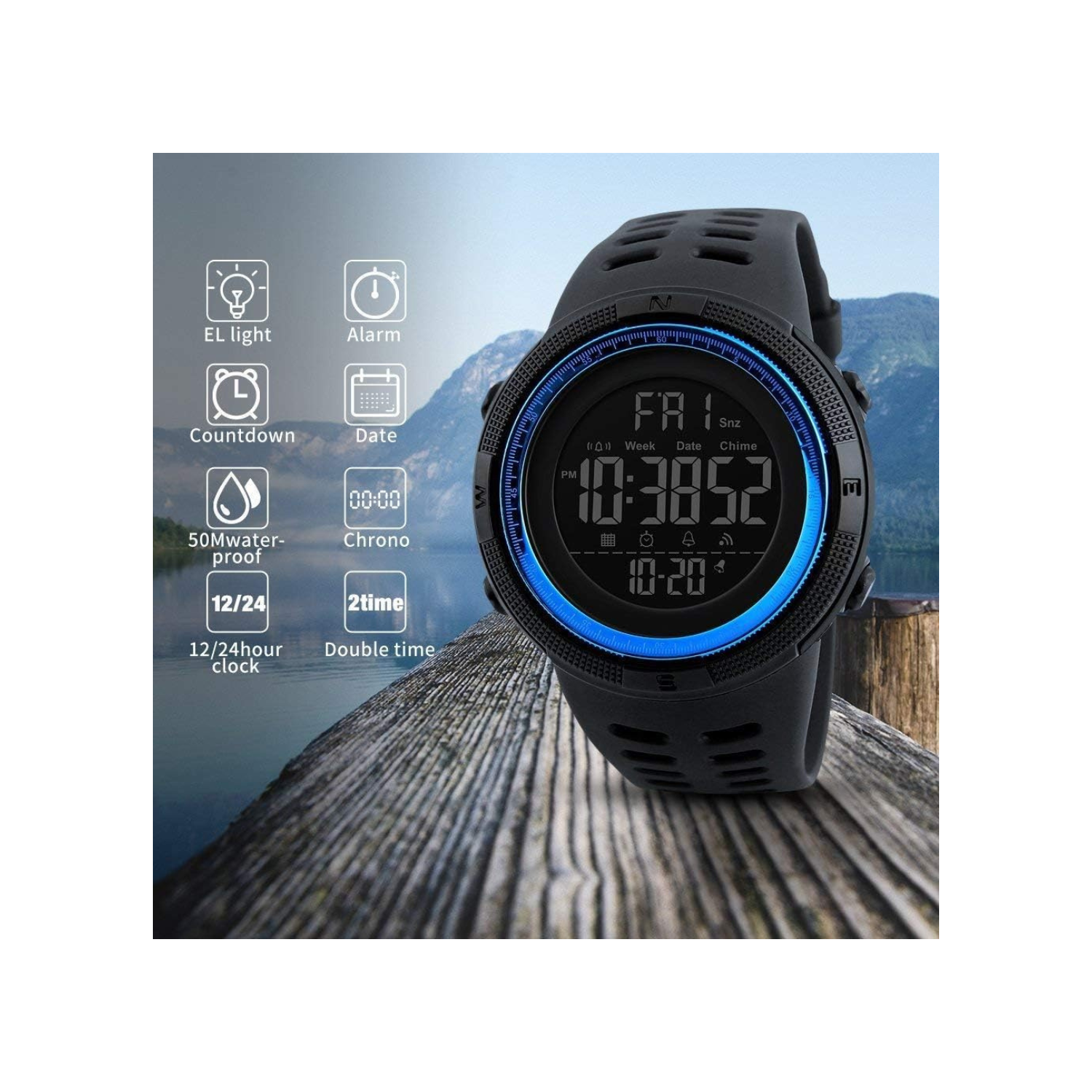 Men Sport Watch Countdown Stopwatch Watch Mens Wrist Watch Waterproof LED Electronic Digital Male Watch 12/24 Hour Multifunctional Watch, C Black,