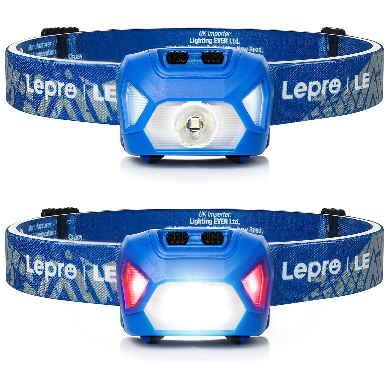 2 lampes frontales 1300 LED ultralégères ultralégères de Petginhome avec lumière rouge blanche, lampe de poche étanche à 6 modes pour le camping