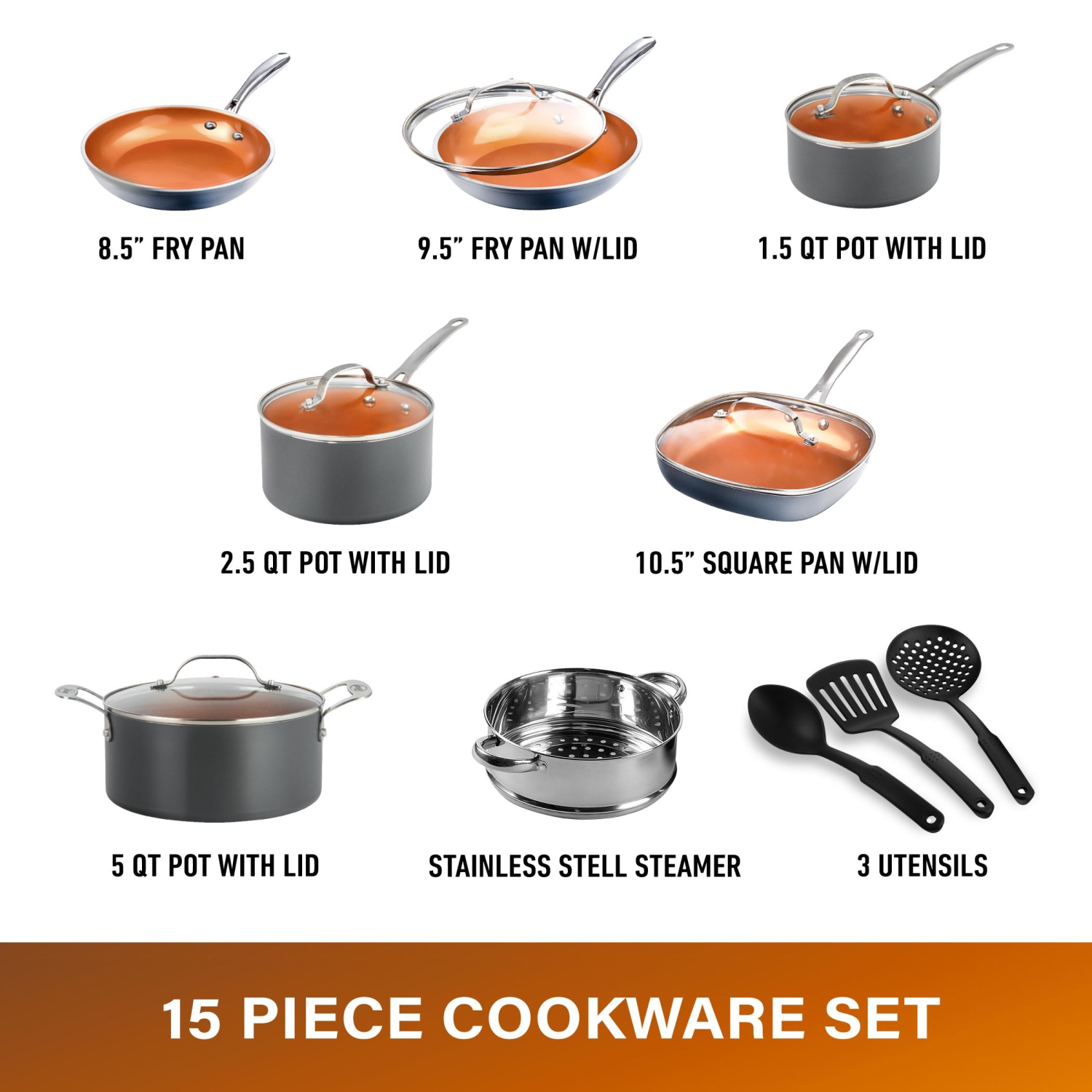 Batterie de cuisine en céramique antiadhésive de 15 pièces en acier de Gotham avec ustensiles