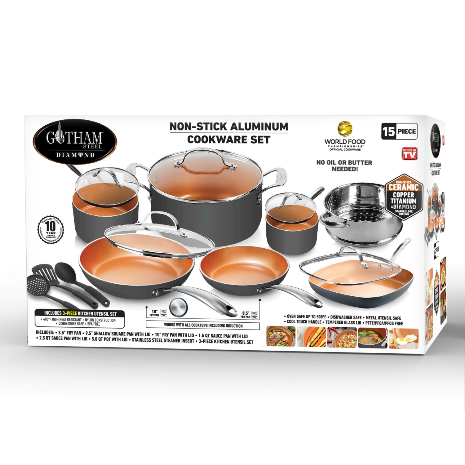 Batterie de cuisine en céramique antiadhésive de 15 pièces en acier de Gotham avec ustensiles