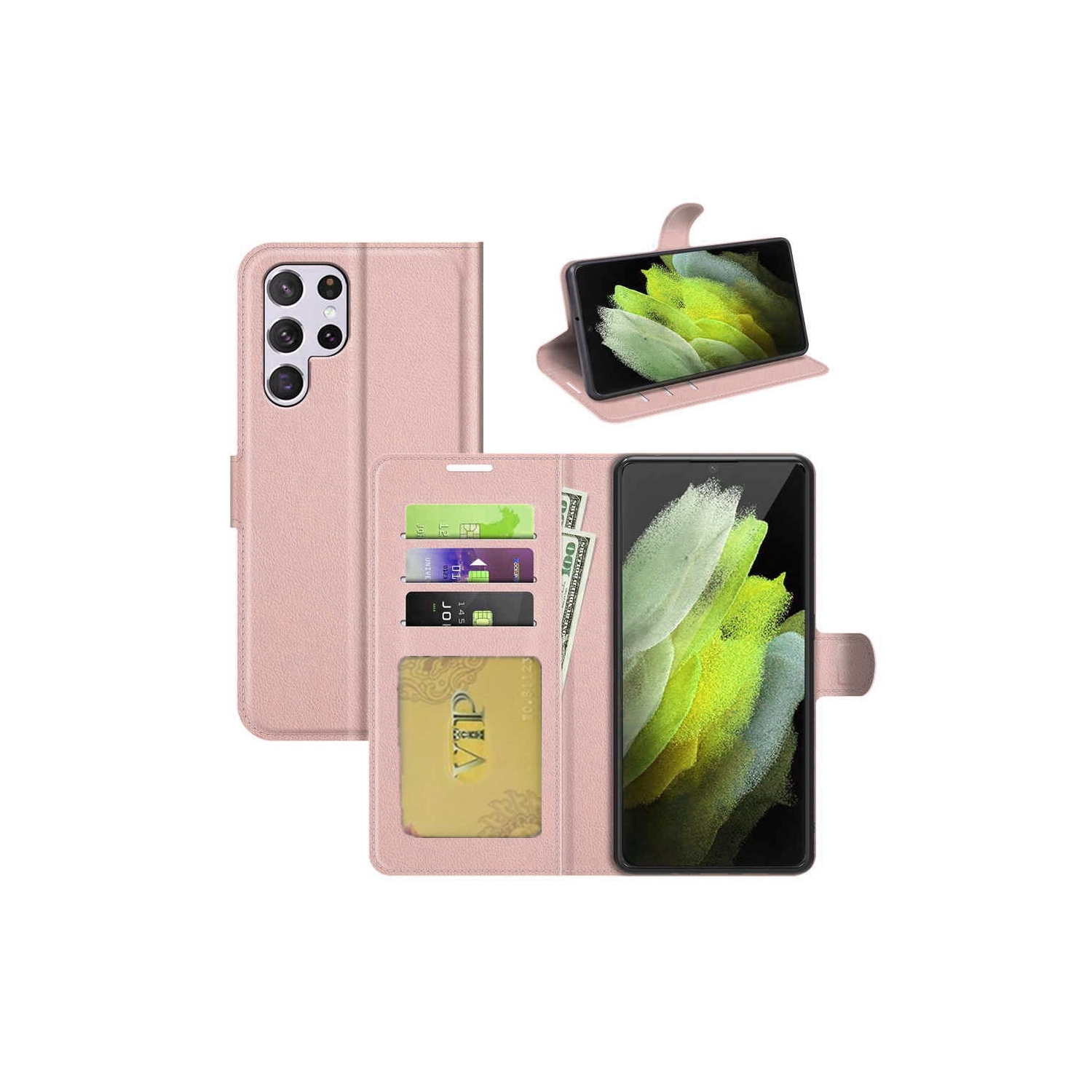 [CS] Étui portefeuille portefeuille à rabat magnétique en cuir pour Samsung Galaxy S25 Ultra, rose doré