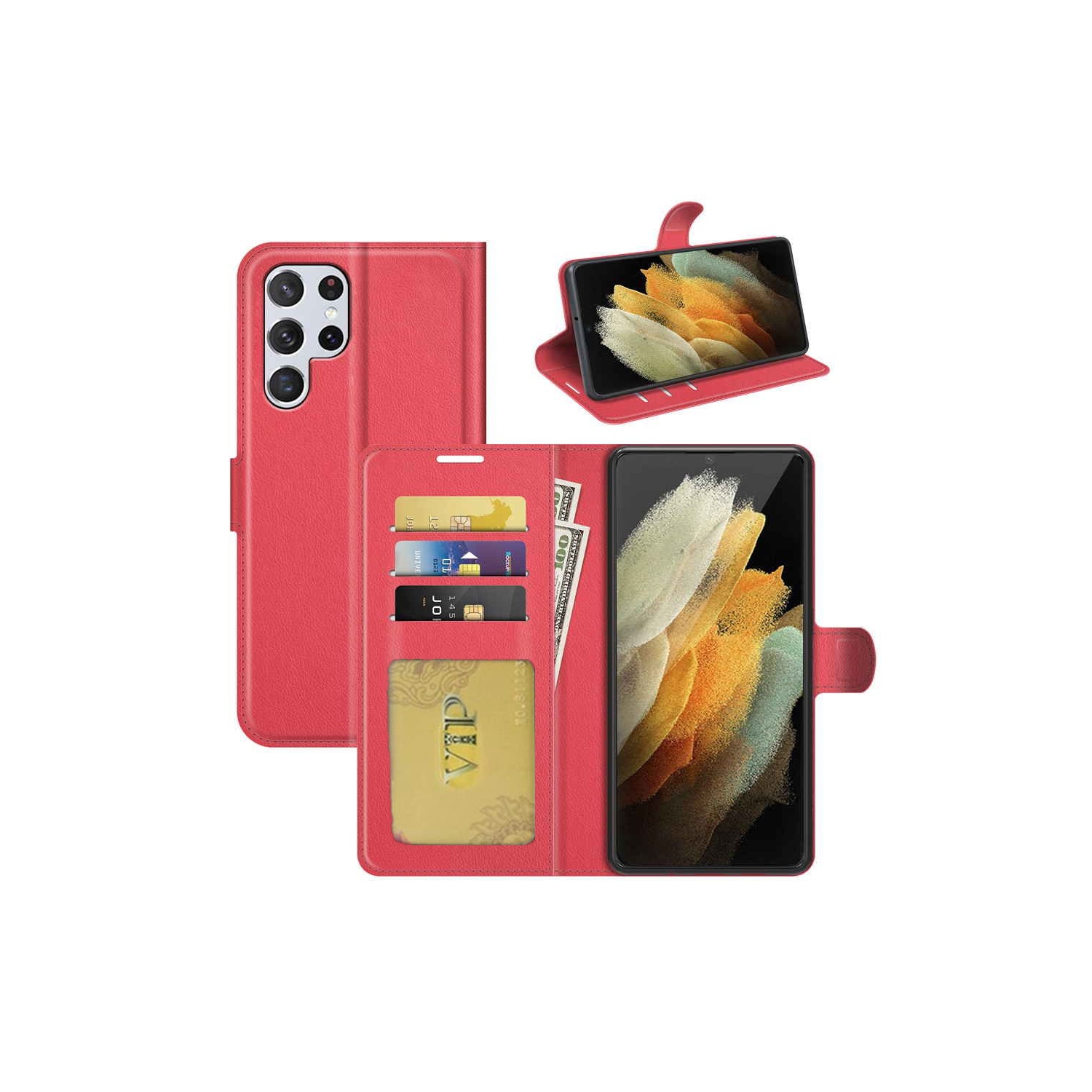 [CS] Étui-portefeuille portefeuille à rabat magnétique en cuir pour Samsung Galaxy S25 Ultra, rouge