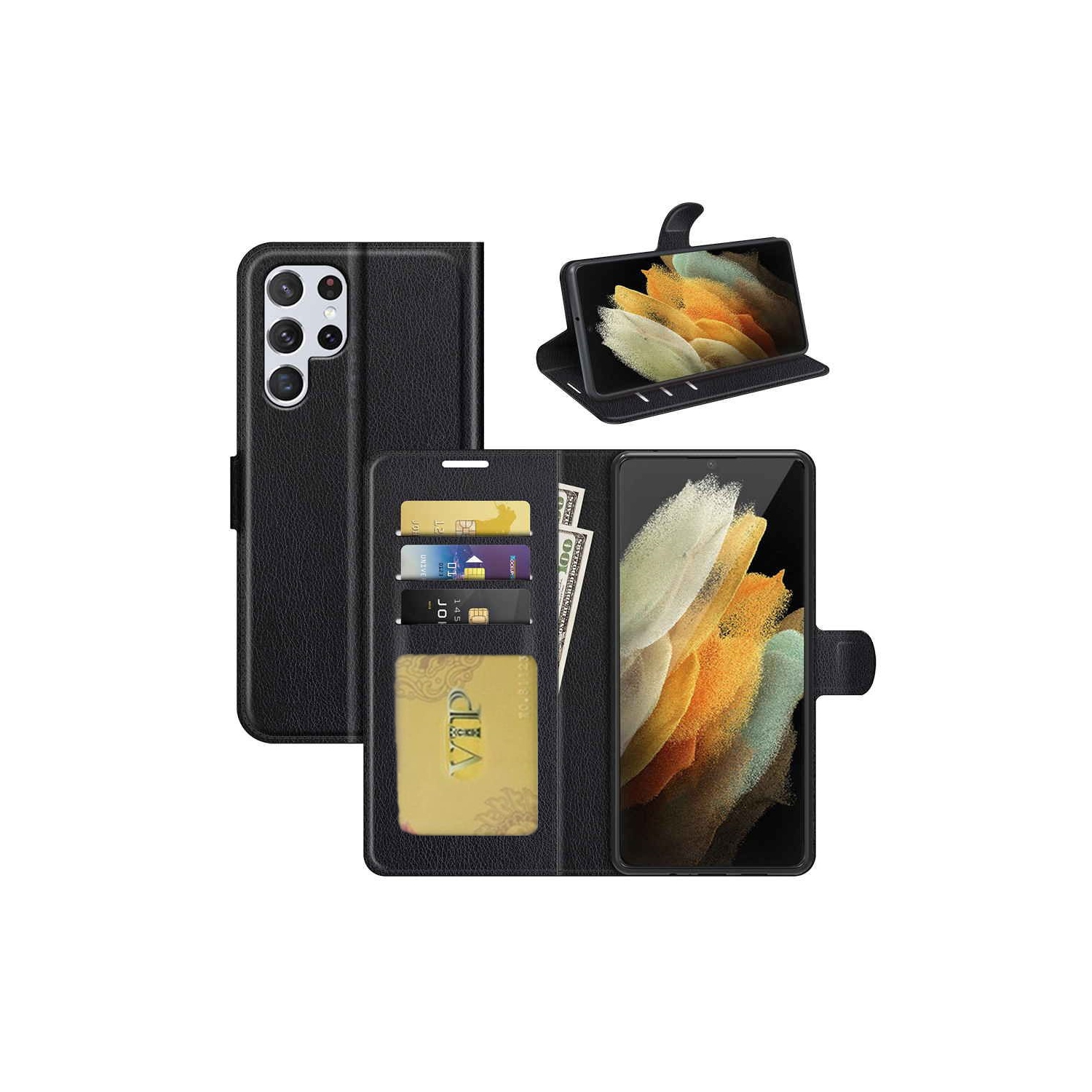 [CS] Étui portefeuille portefeuille à rabat magnétique en cuir pour Samsung Galaxy S25 Ultra, noir