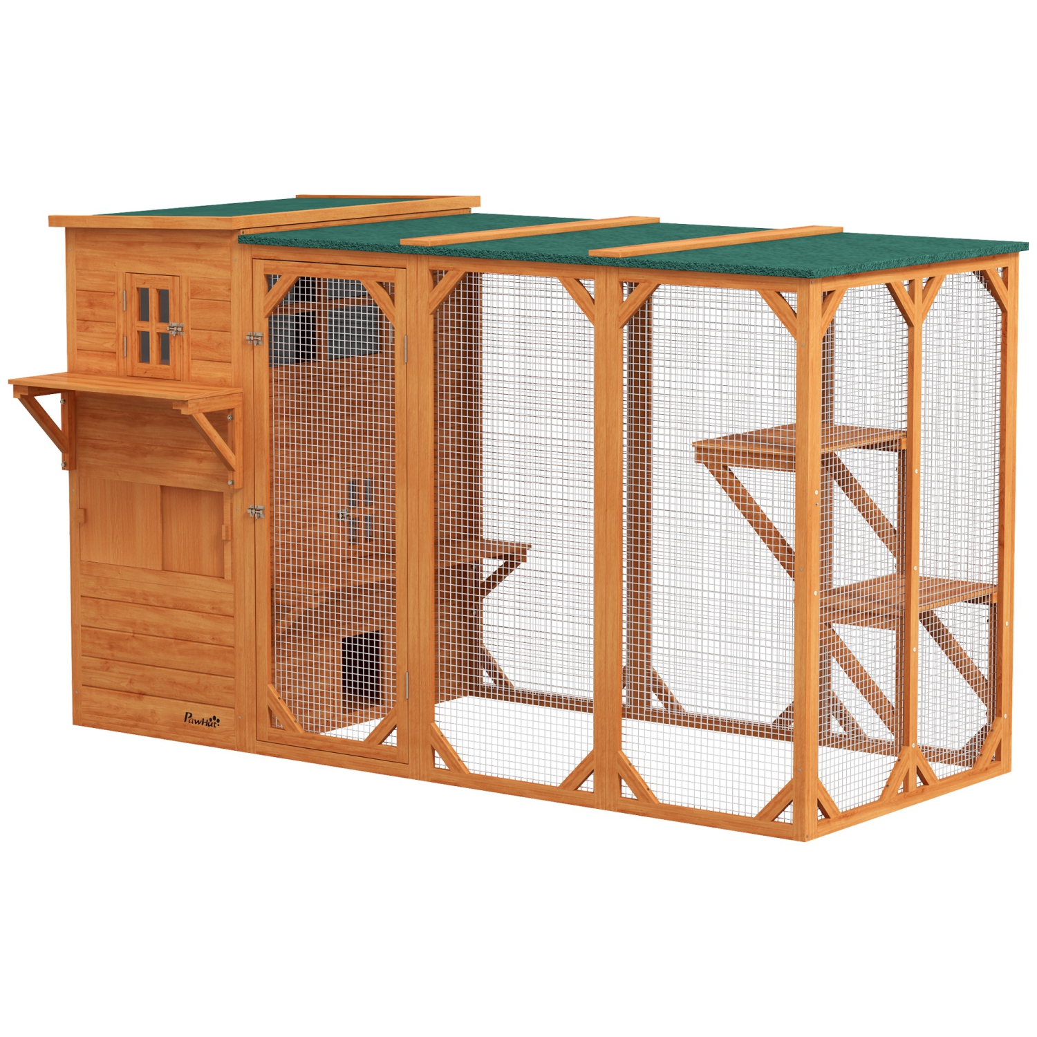 PawHut Wooden Cat Catio, 76"L Walk in Outdoor Cat House with Asphalt Roof, Platforms, Lockable Doors, 3-tier Resting Condo, Observation Window, for