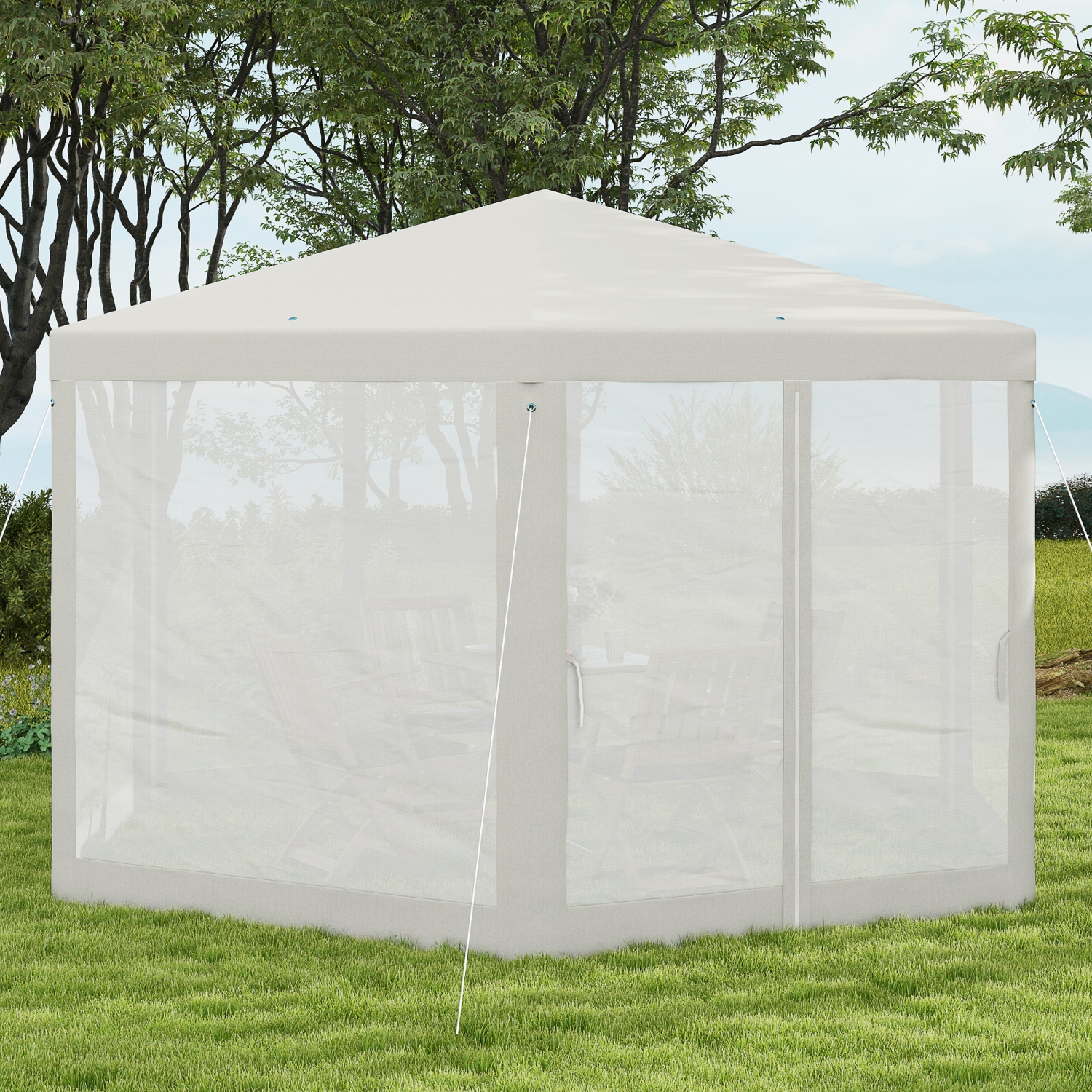 Outsunny Φ13' Hexagon Party Tent Patio Gazebo Outdoor Activity Event Canopy Quick Sun Shelter Pavilion with Netting Mesh Sidewall Cream White