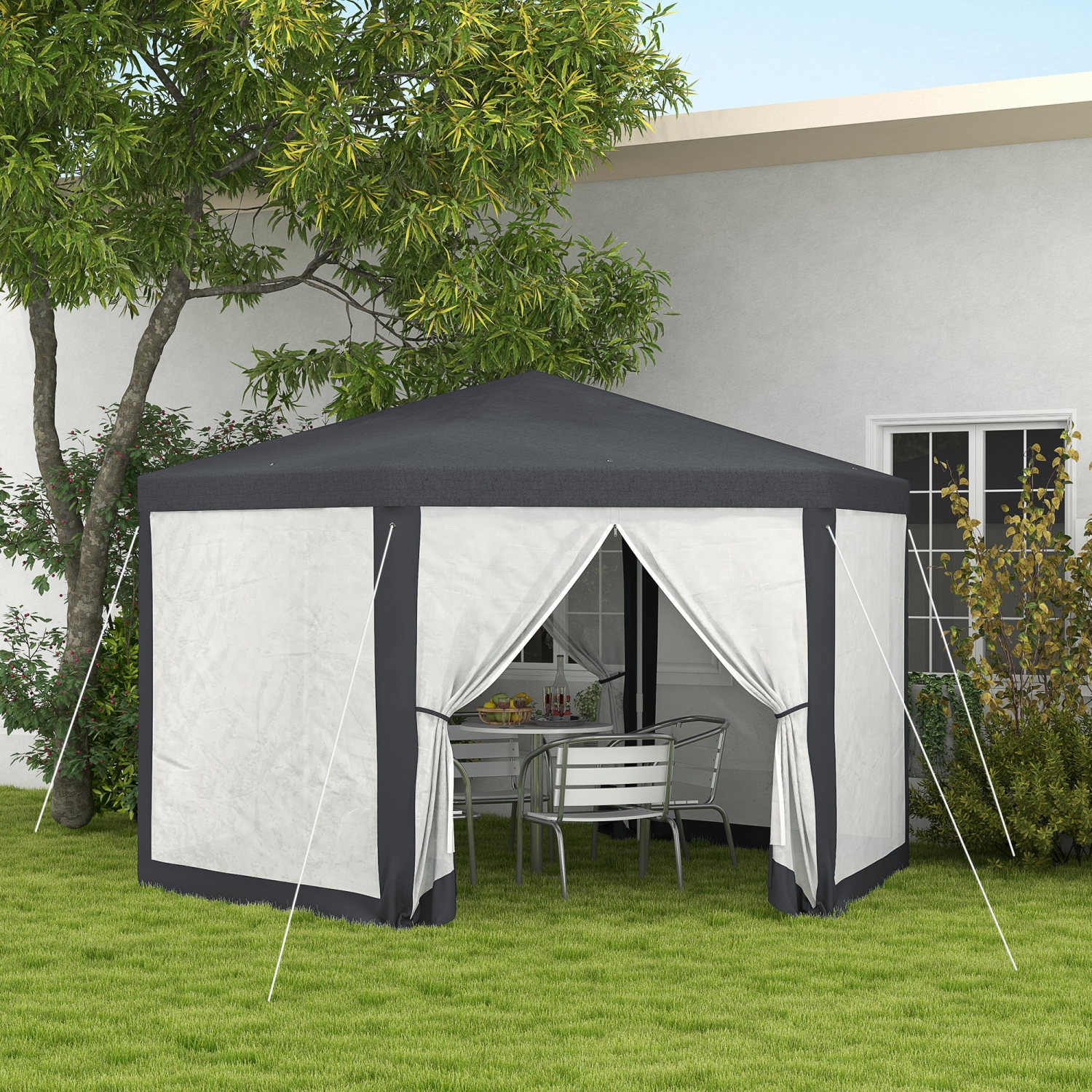 Outsunny Φ13' Hexagon Party Tent Patio Gazebo Outdoor Activity Event Canopy Quick Sun Shelter Pavilion with Netting Mesh Sidewall Dark Grey