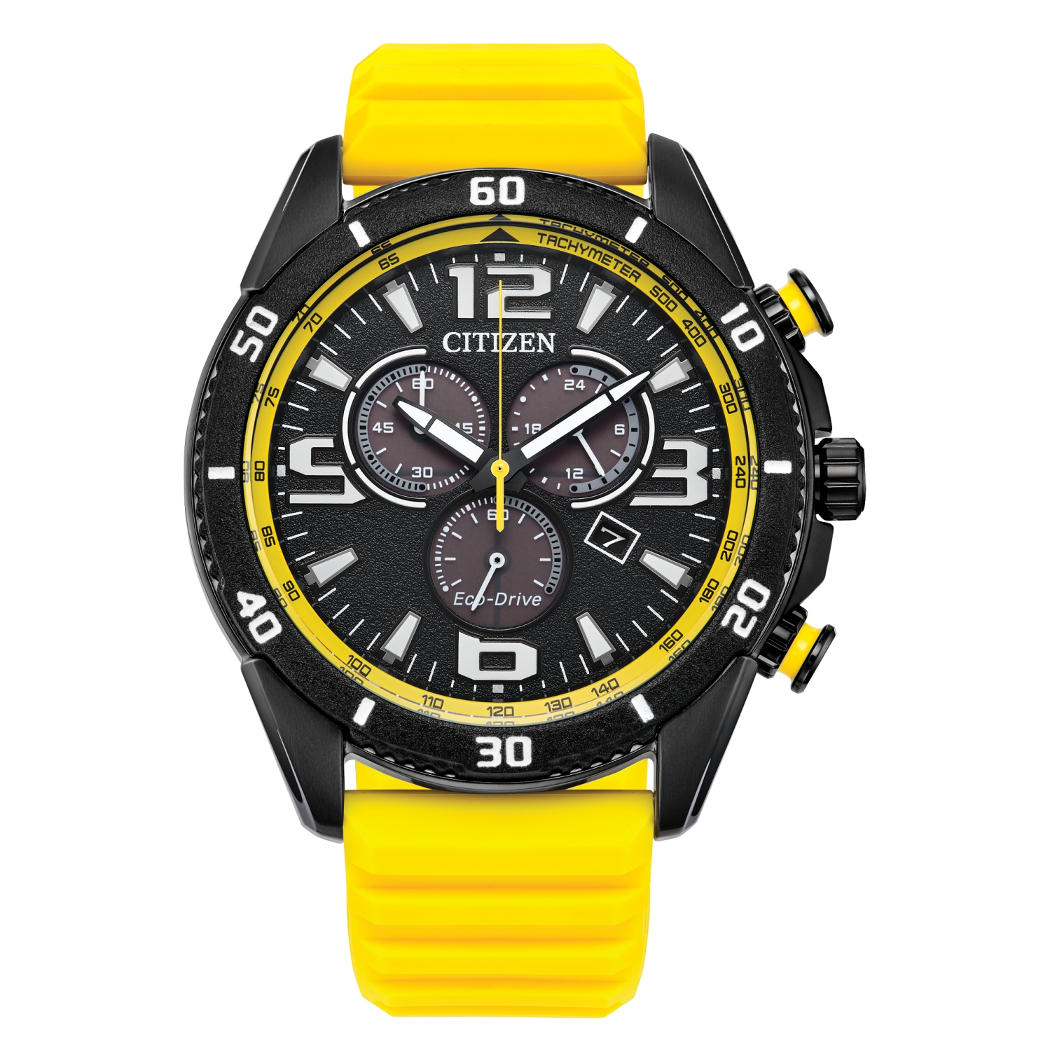 Montre pour hommes Brycen Eco-Drive de Citizen 45&nbsp;mm avec boîtier inox noir Bracelet silicone jaune et cadran noir