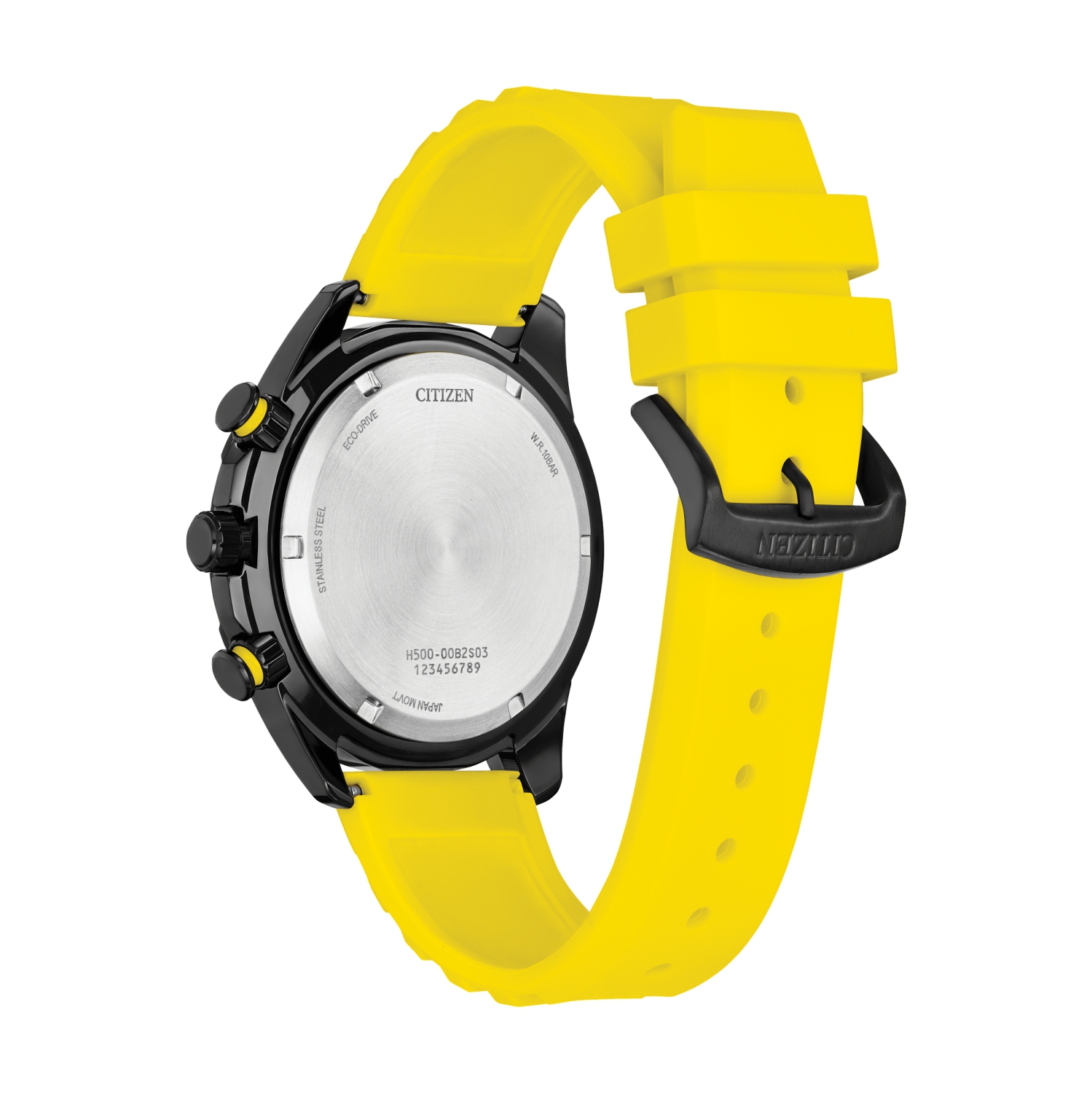 Montre pour hommes Brycen Eco-Drive de Citizen 45&nbsp;mm avec boîtier inox noir Bracelet silicone jaune et cadran noir