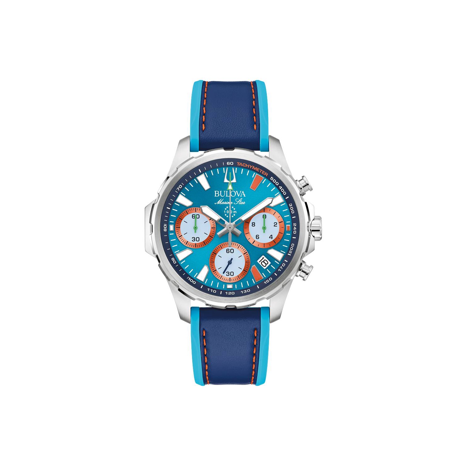 Bulova Mens E1 Team Miami Special Edition Quartz Watch 43mm Silver-Tone Stainless Steel Case Two-Tone Leather and Silicone Strap with Blue Dial