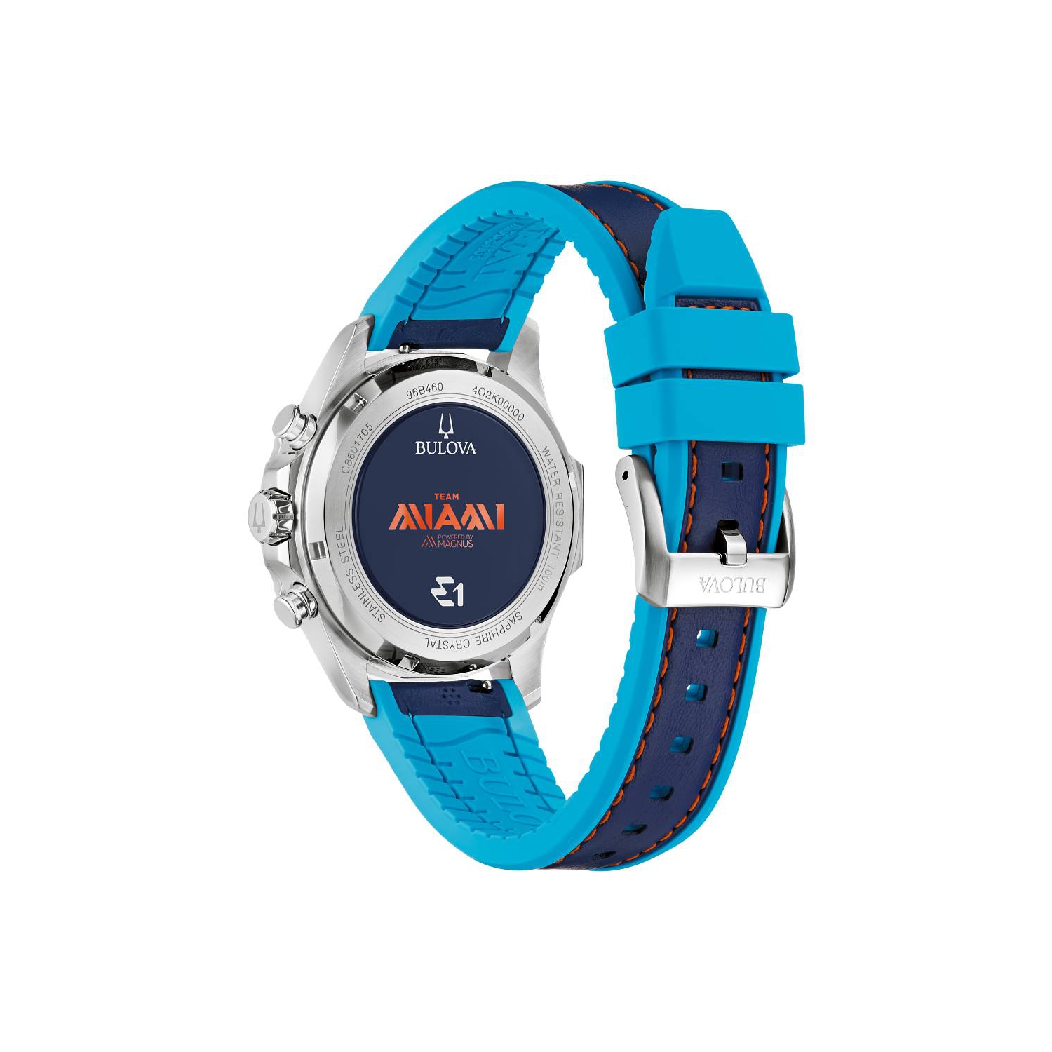 Bulova Mens E1 Team Miami Special Edition Quartz Watch 43mm Silver-Tone Stainless Steel Case Two-Tone Leather and Silicone Strap with Blue Dial