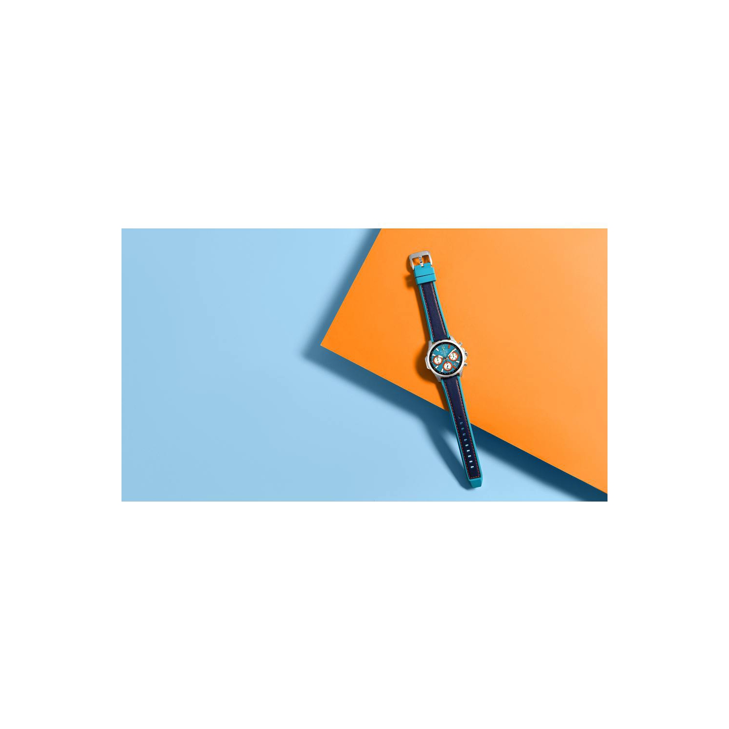 Bulova Mens E1 Team Miami Special Edition Quartz Watch 43mm Silver-Tone Stainless Steel Case Two-Tone Leather and Silicone Strap with Blue Dial