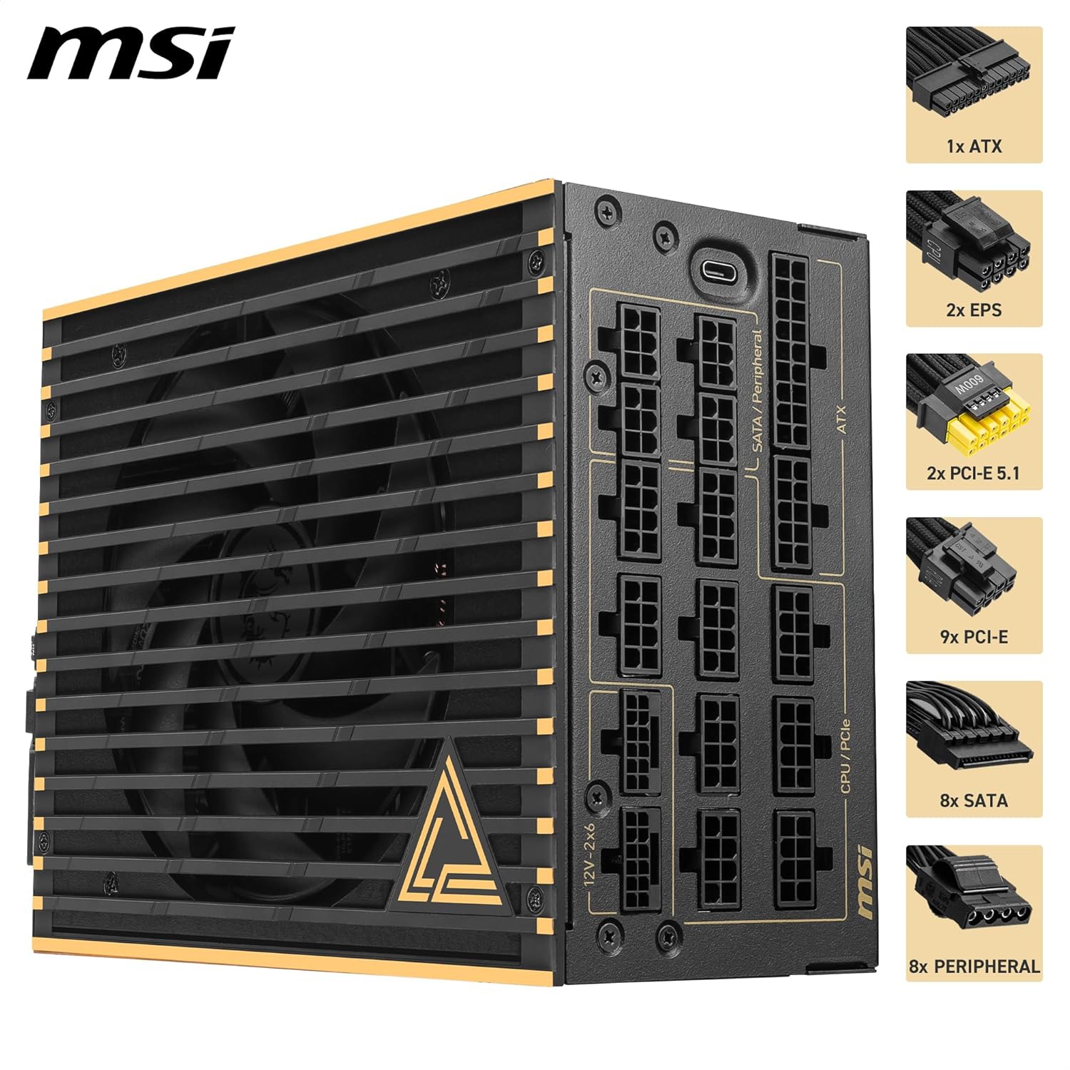 MEG Ai1600T PCIE5 de MSI, bloc d'alimentation 1600&nbsp;W modulaire en titane 80 Plus, câble 12&nbsp;V-2x6, compatible ATX 3,1 et PCIE 5,1, câbles