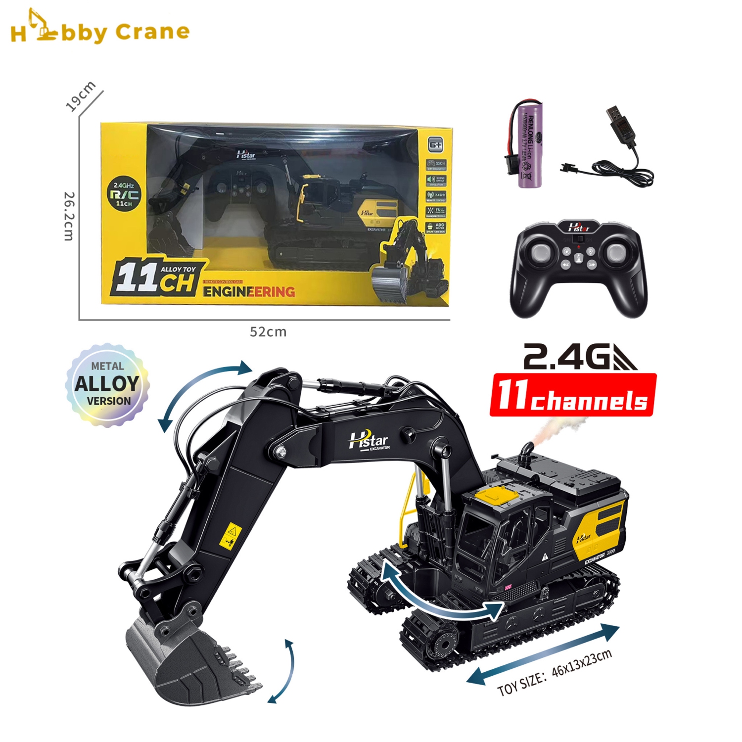 Pelle hydraulique en alliage à télécommande H-Star | 11 canaux avec 2,4 GHz | Simulation 360 sans capotage | Bras de creusage flexible |