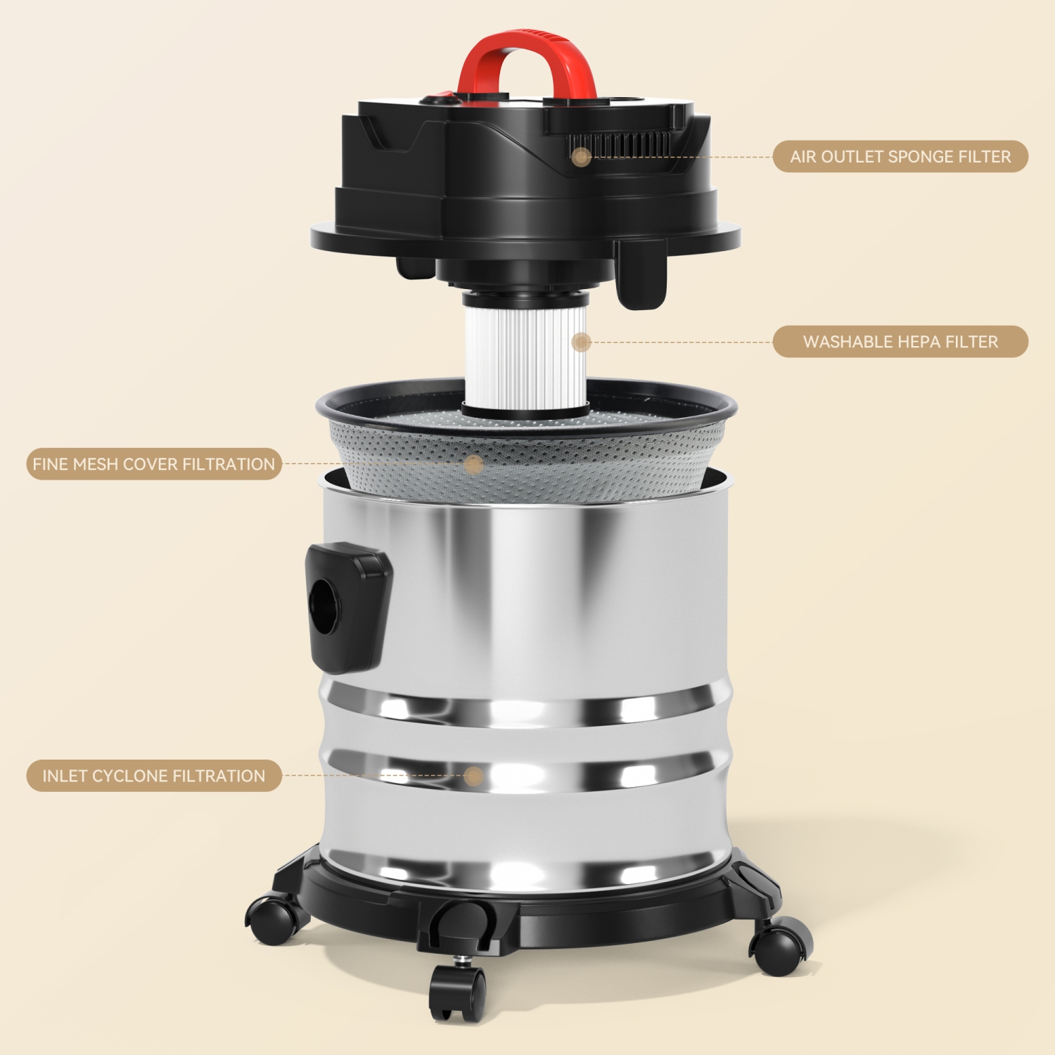 Aspirateur sec et humide de Topteng, aspirateur d'atelier en acier inoxydable de 6 HP Peak de 5 gallons de 1800 W, avec filtre et