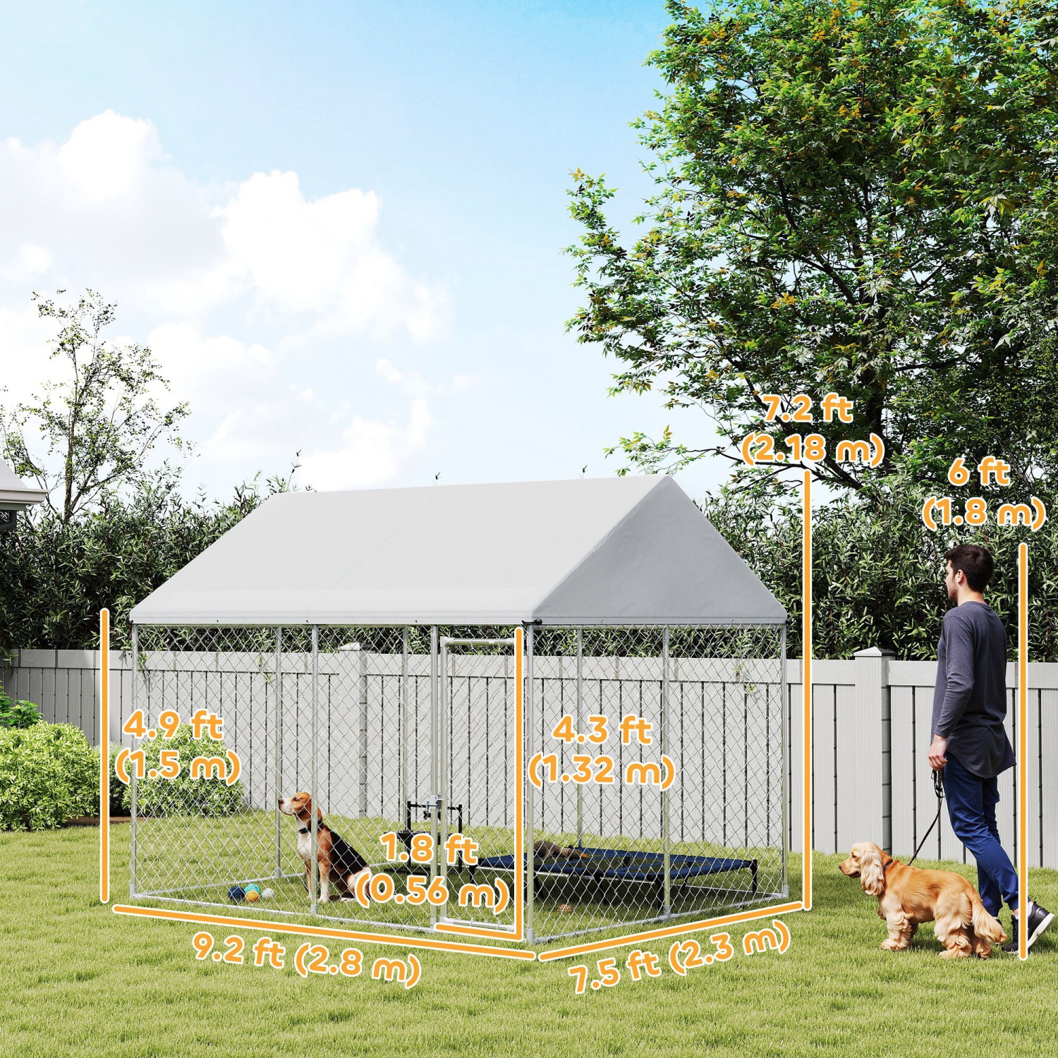 PawHut Outdoor Dog Kennel with Roof, Heavy Duty Galvanized Steel Dog Run Chain Link w/ Waterproof UV-Resistant Cover, Safety Lockable Latch System,