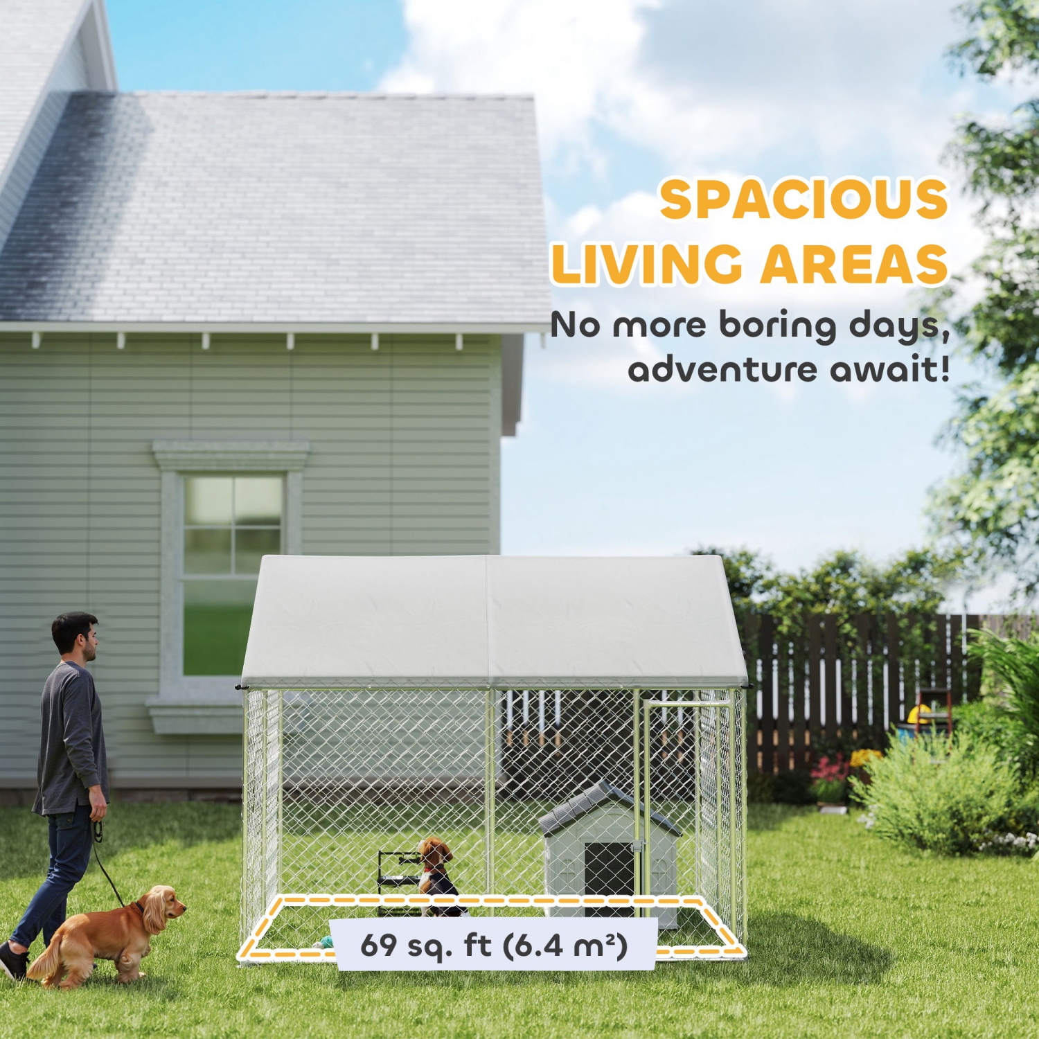 PawHut Outdoor Dog Kennel with Roof, Heavy Duty Galvanized Steel Dog Run Chain Link w/ Waterproof UV-Resistant Cover, Safety Lockable Latch System,