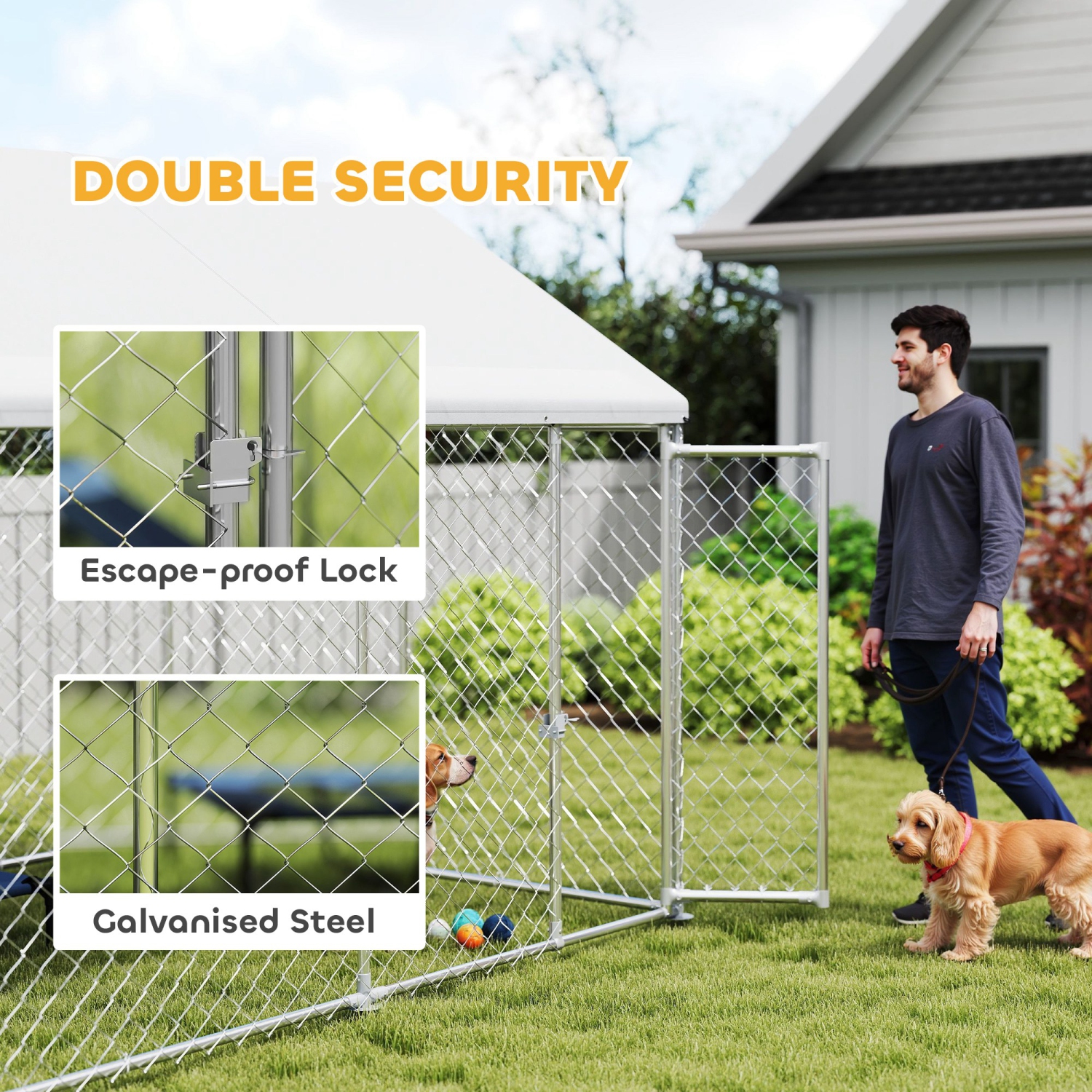 PawHut Outdoor Dog Kennel with Roof, Heavy Duty Galvanized Steel Dog Run Chain Link w/ Waterproof UV-Resistant Cover, Safety Lockable Latch System,