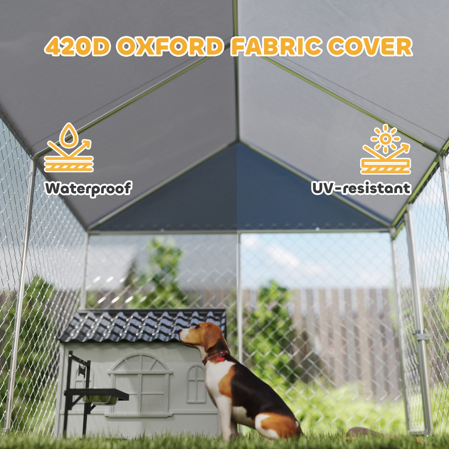 PawHut Outdoor Dog Kennel with Roof, Heavy Duty Galvanized Steel Dog Run Chain Link w/ Waterproof UV-Resistant Cover, Safety Lockable Latch System,