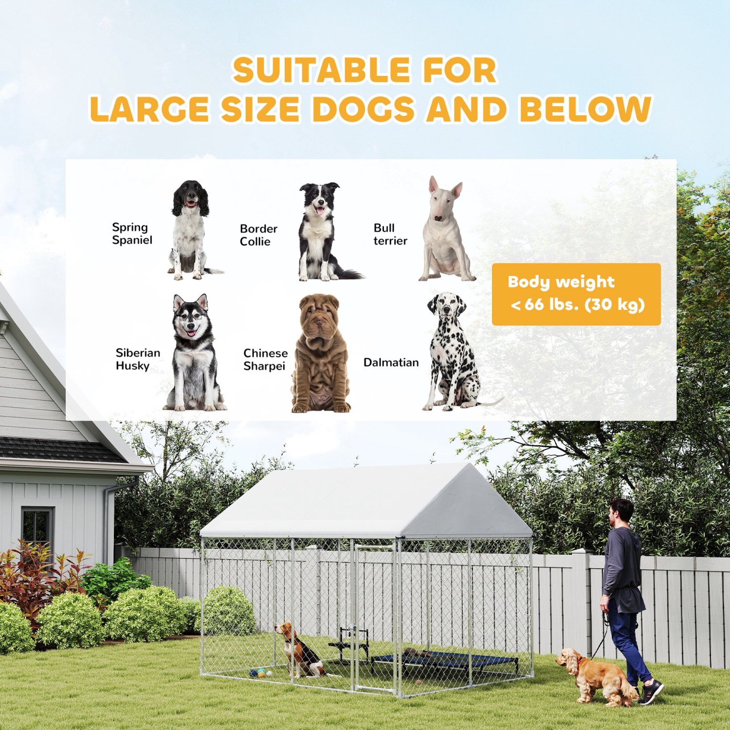 PawHut Outdoor Dog Kennel with Roof, Heavy Duty Galvanized Steel Dog Run Chain Link w/ Waterproof UV-Resistant Cover, Safety Lockable Latch System,