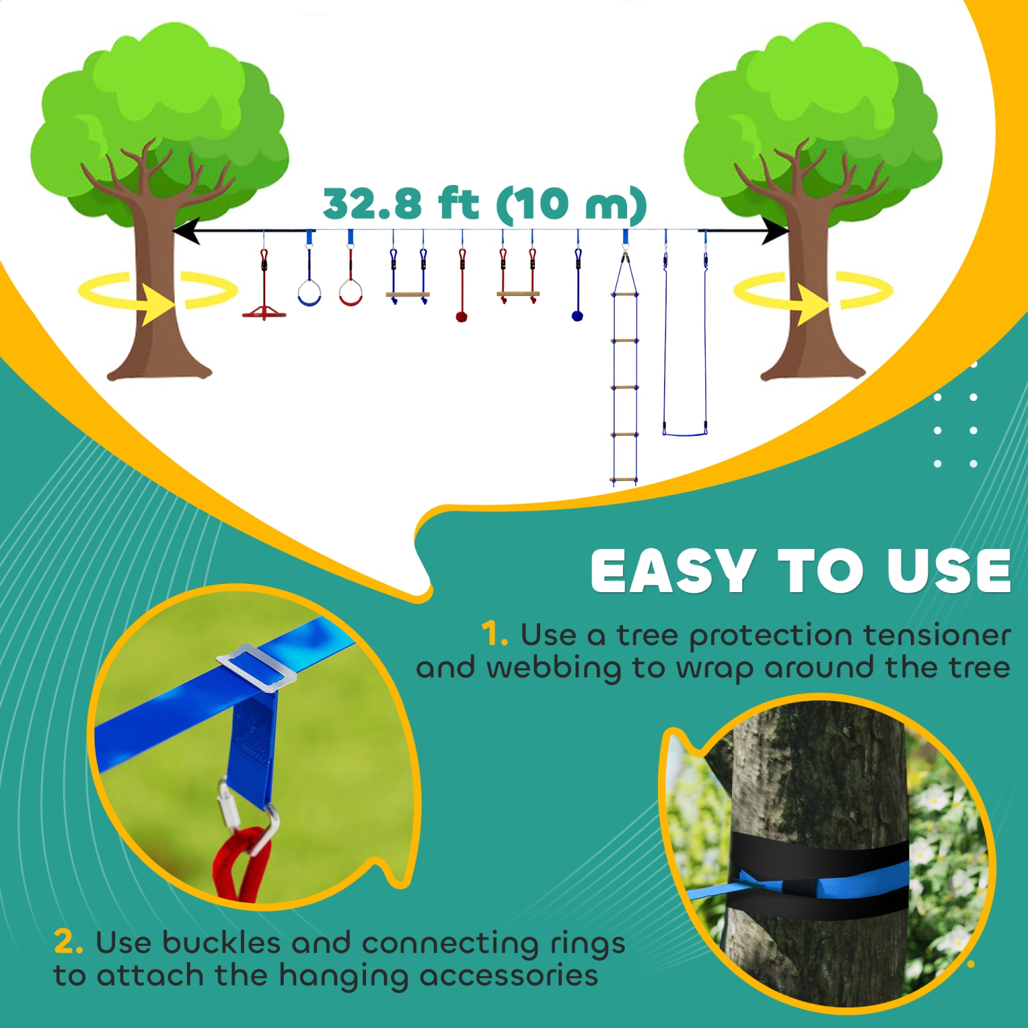 Qaba 32.8ft Ninja Zipline, Slackline Warrior Obstacle Course for Kids with Monkey Bars, Swing, Climbing Ladder, Gym Rings, Gripping Balls, Hanging