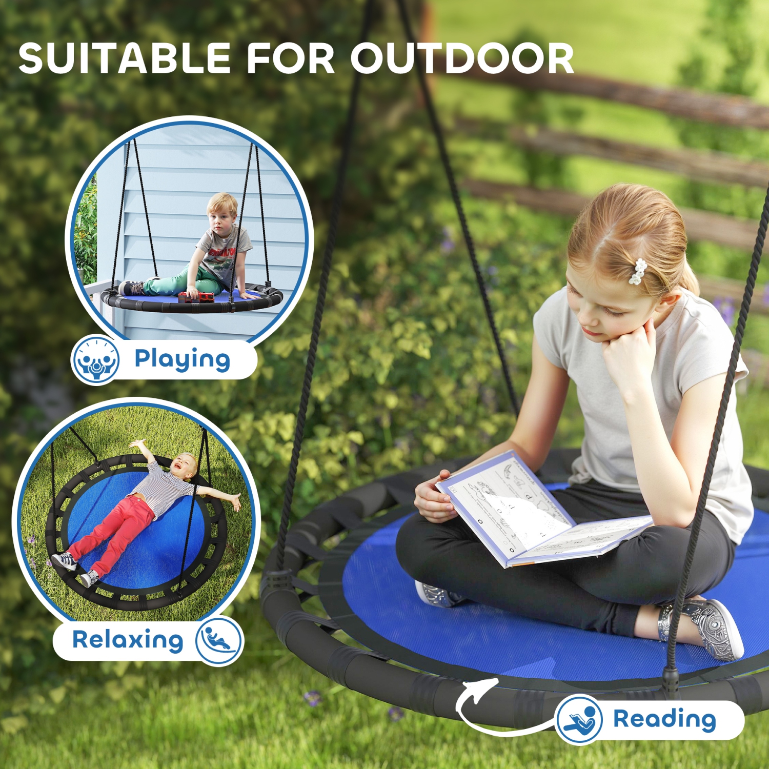 Qaba Saucer Tree Swing Set for Kids, 39 inch Round Flying Swing Seat with Adjustable Hanging Ropes, 331 lbs Weight Children Net Swing for Outdoor,