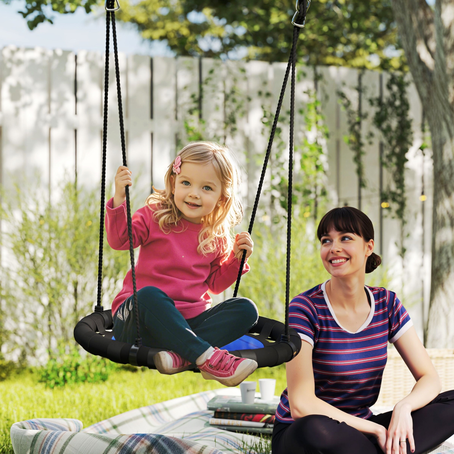 Qaba Saucer Tree Swing Set for Kids, 24 inch Round Flying Swing Seat with Adjustable Hanging Ropes, 154 lbs Weight Capacity Children Net Swing for
