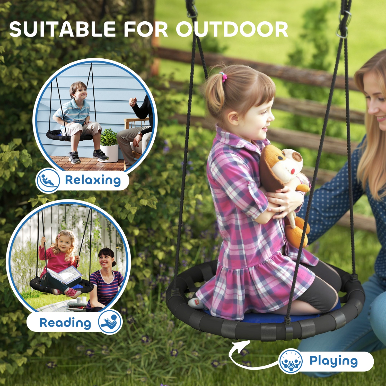 Qaba Saucer Tree Swing Set for Kids, 24 inch Round Flying Swing Seat with Adjustable Hanging Ropes, 154 lbs Weight Capacity Children Net Swing for