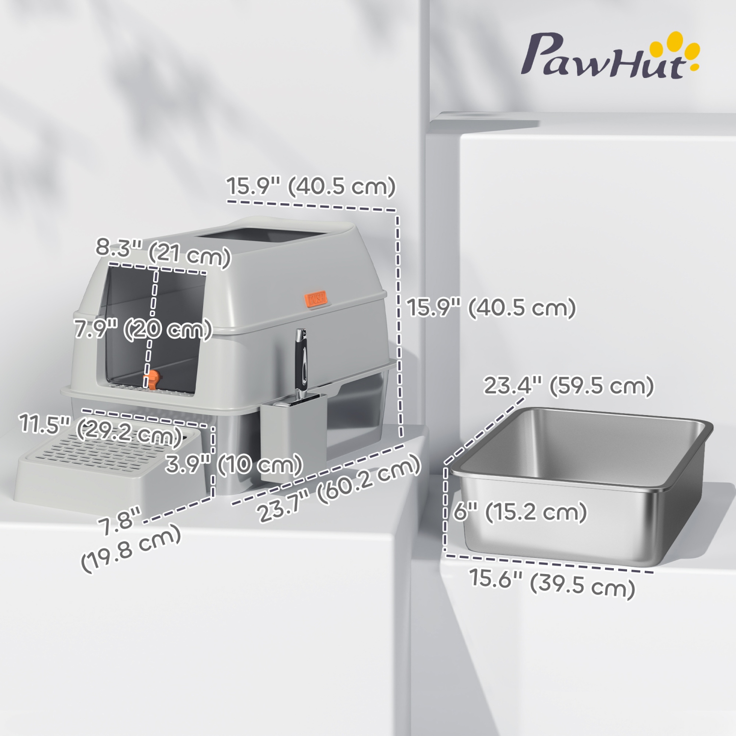 PawHut – Bac à litière en acier inoxydable avec couvercle, bac à litière en métal à parois élevées, cuillère, 34,5&nbsp;L, facile à nettoyer,
