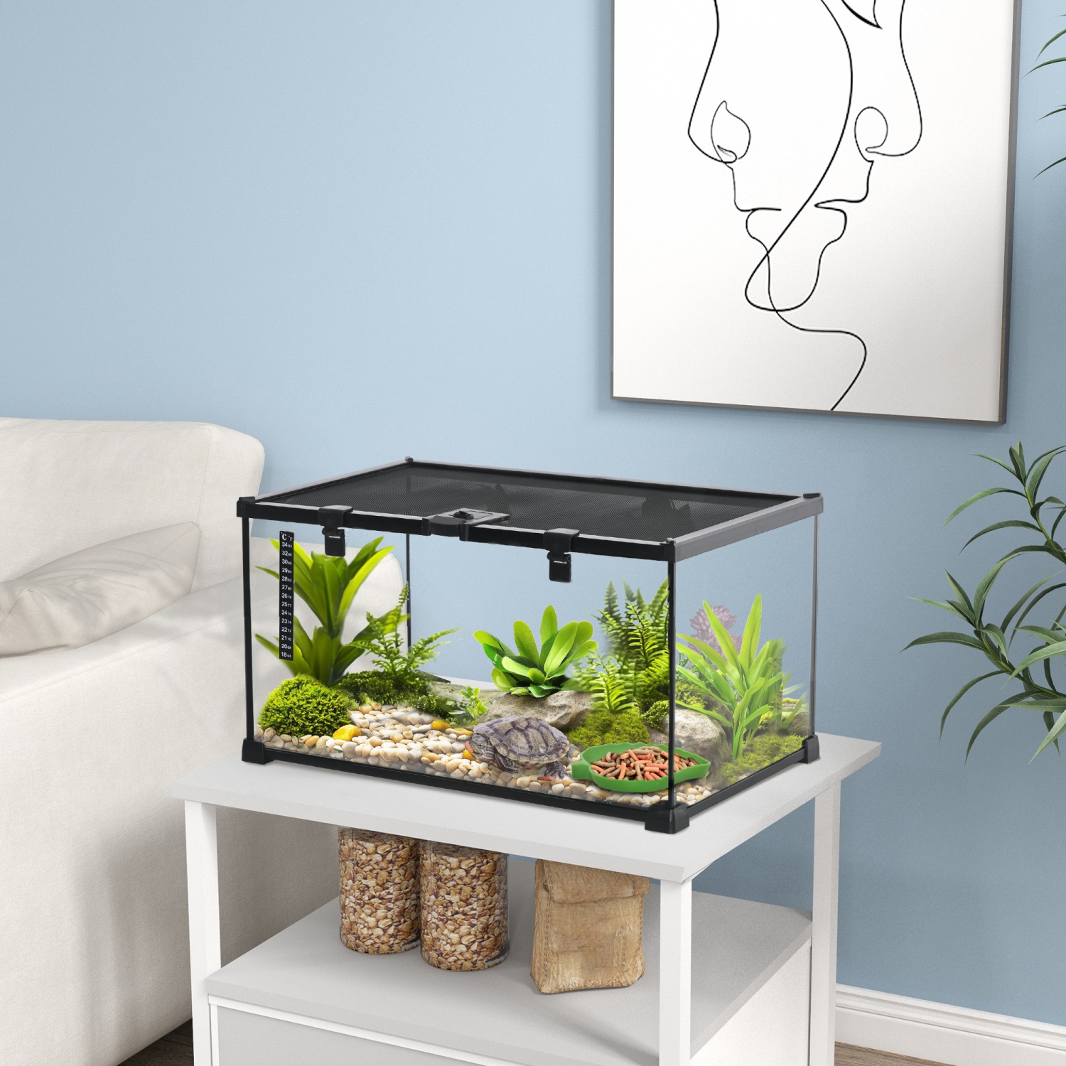 Terrarium pour reptile en verre de PawHut, enceinte d'araignée sauteuse avec thermomètre, bassin d'eau, vue complète visuellement pour les lézards,