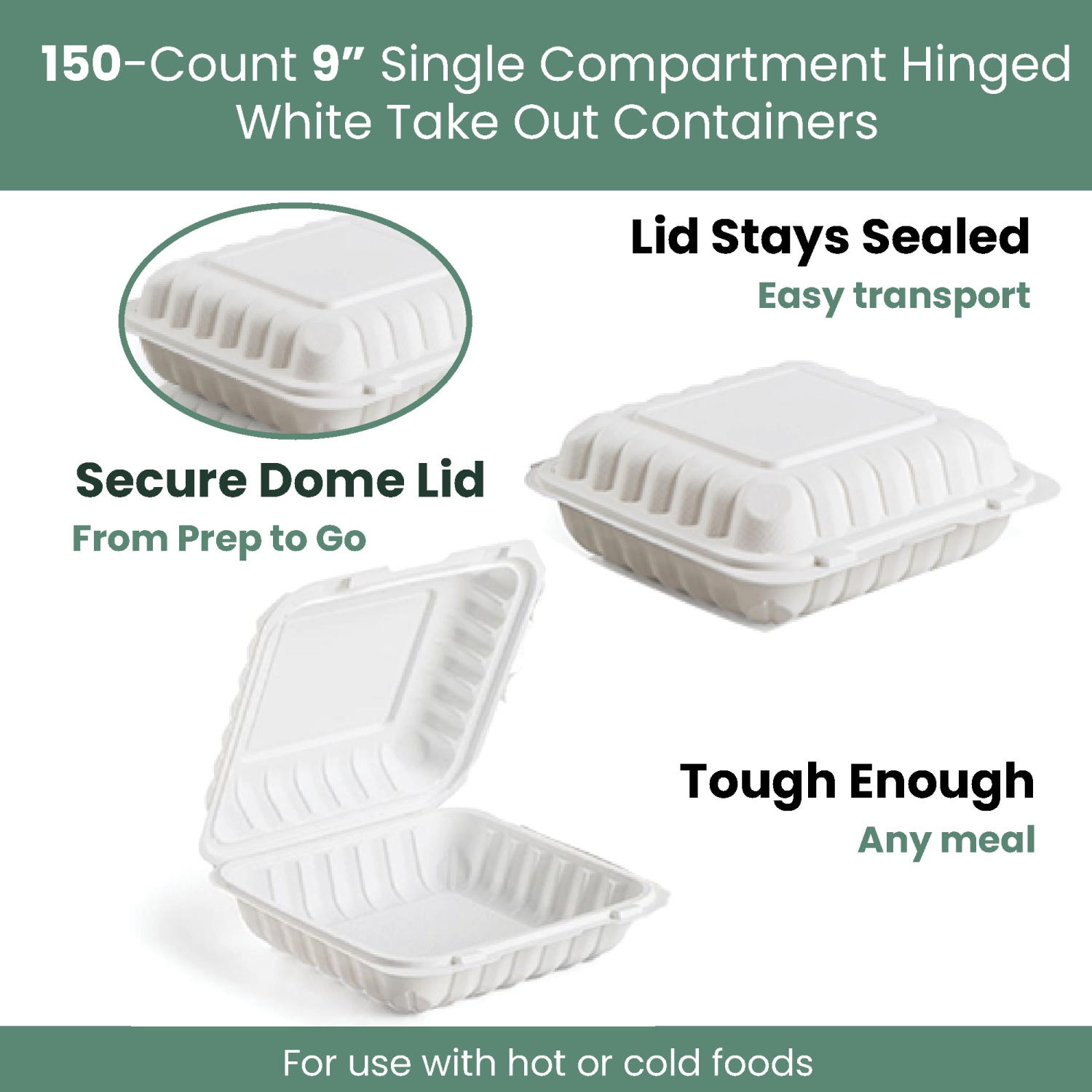 150-Count Single Compartment Hinged White Meal Prep/Take Out Containers - 9"