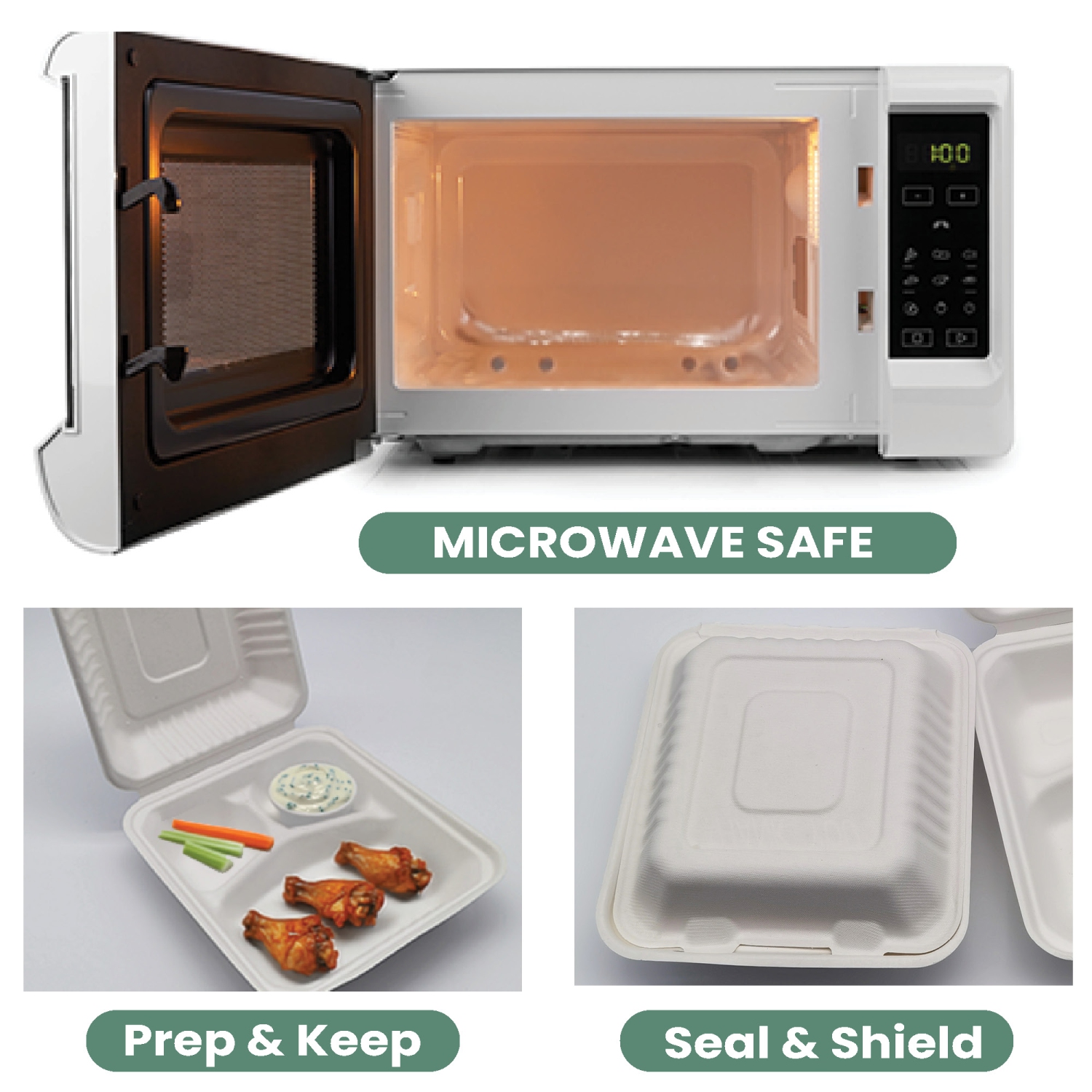 3-Compartment Hinged White Take Out Containers - 9" - 200 Count