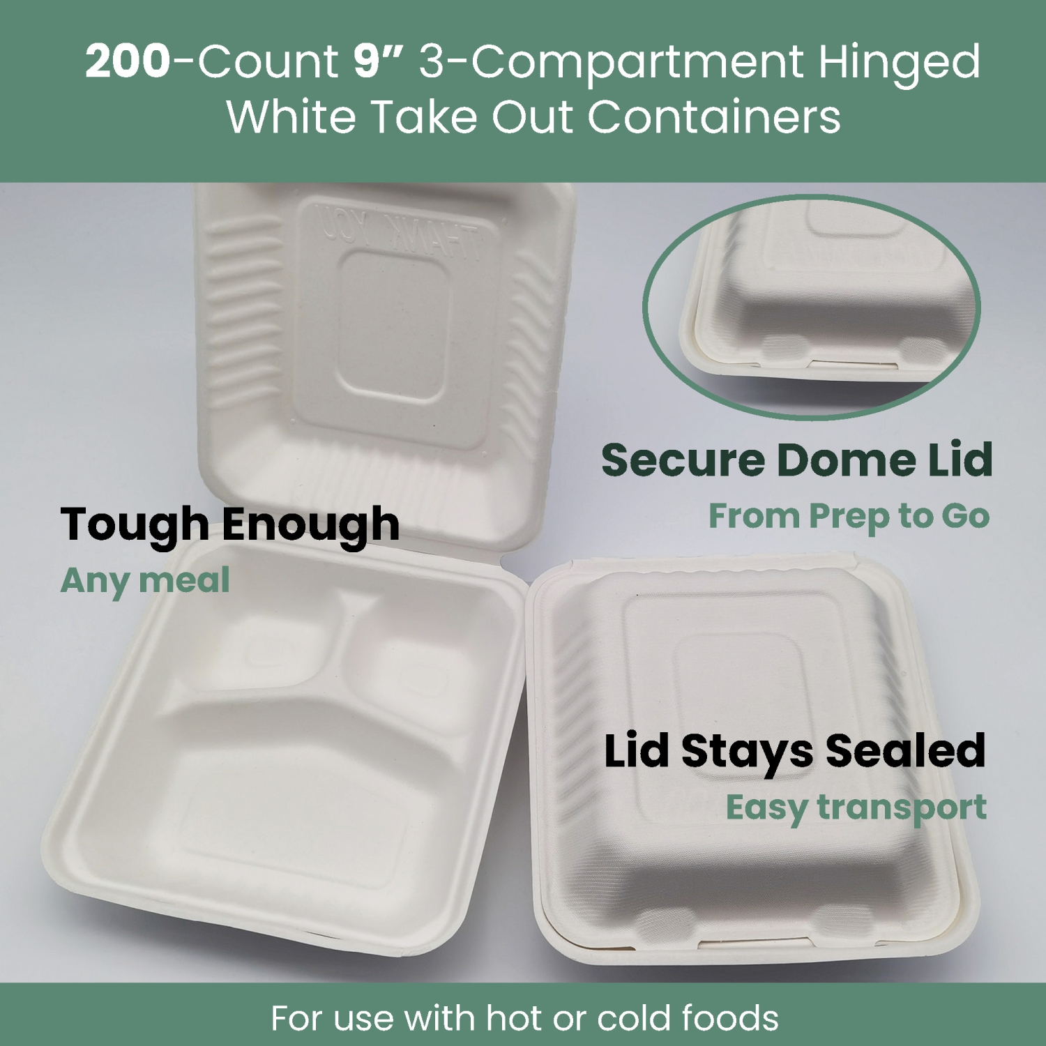 3-Compartment Hinged White Take Out Containers - 9" - 200 Count