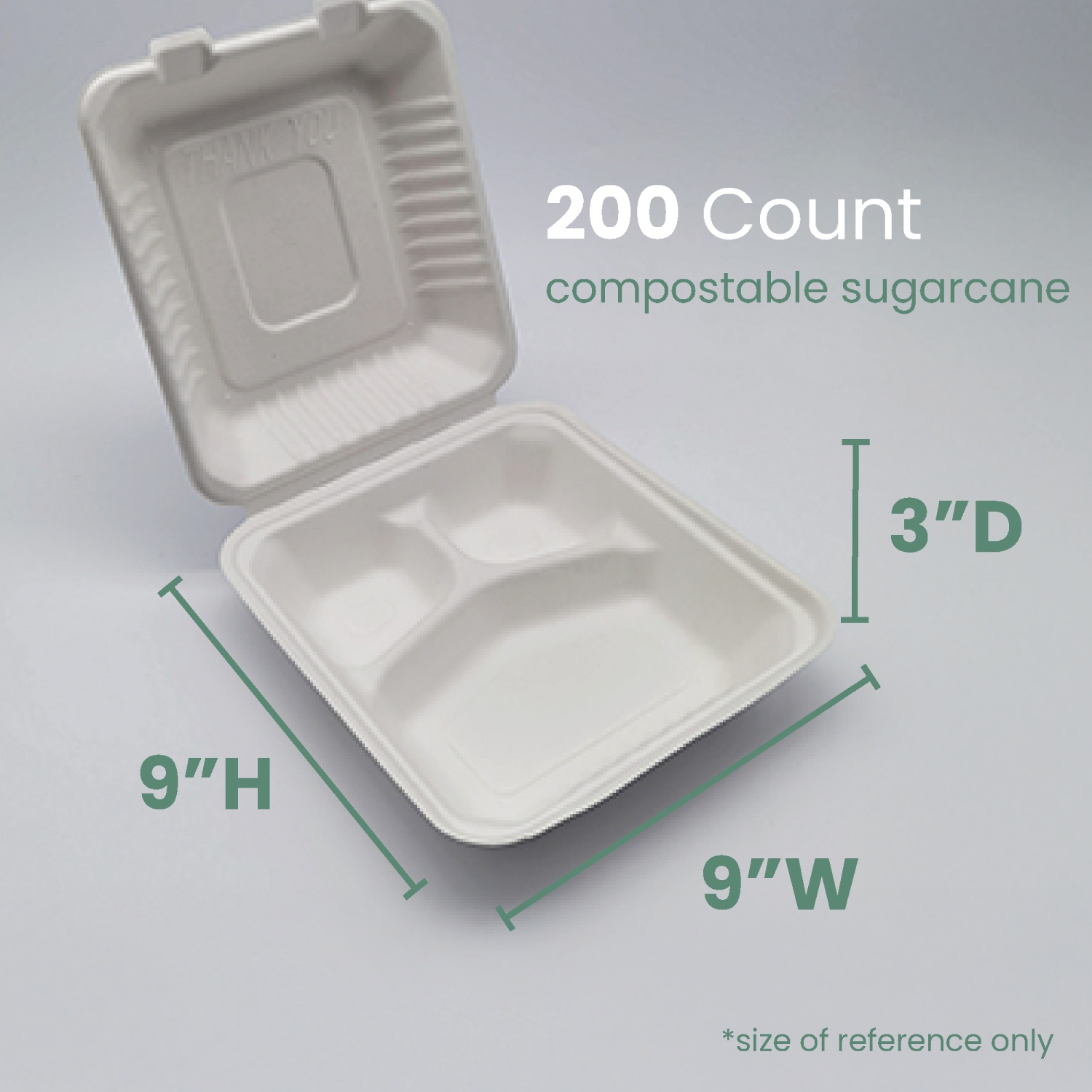 3-Compartment Hinged White Take Out Containers - 9" - 200 Count