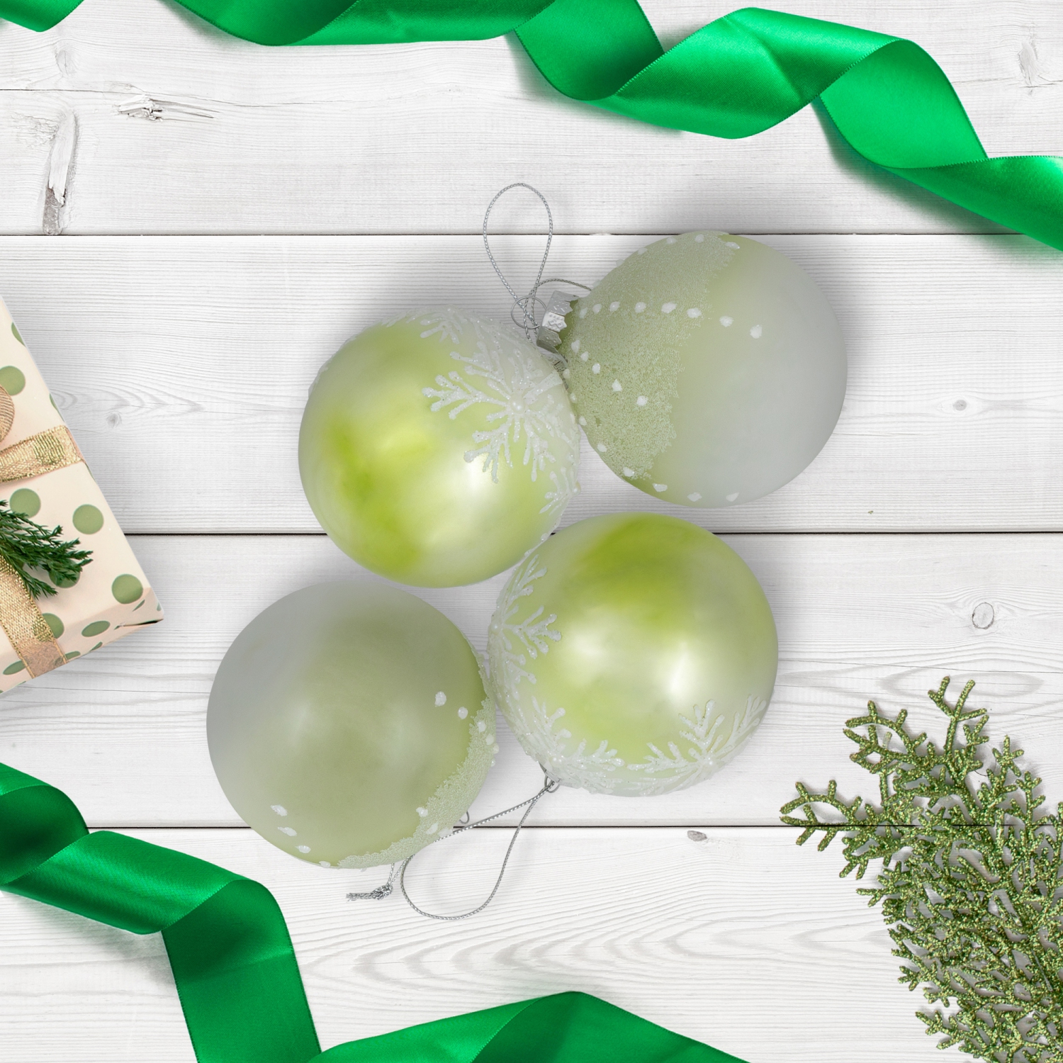 Snowflakes Shiny Glass Ball Christmas Ornaments - 3" - Green and White - 4ct