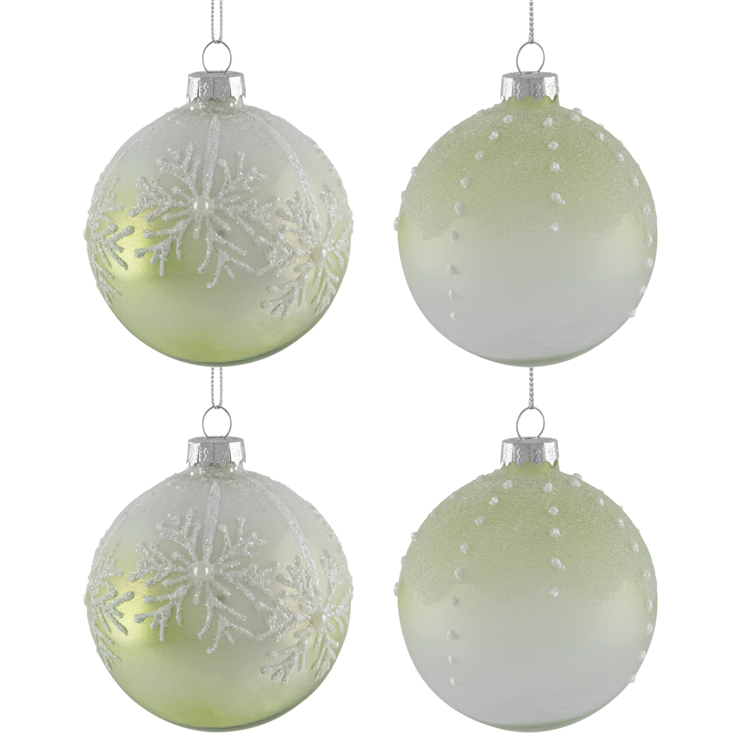 Snowflakes Shiny Glass Ball Christmas Ornaments - 3" - Green and White - 4ct