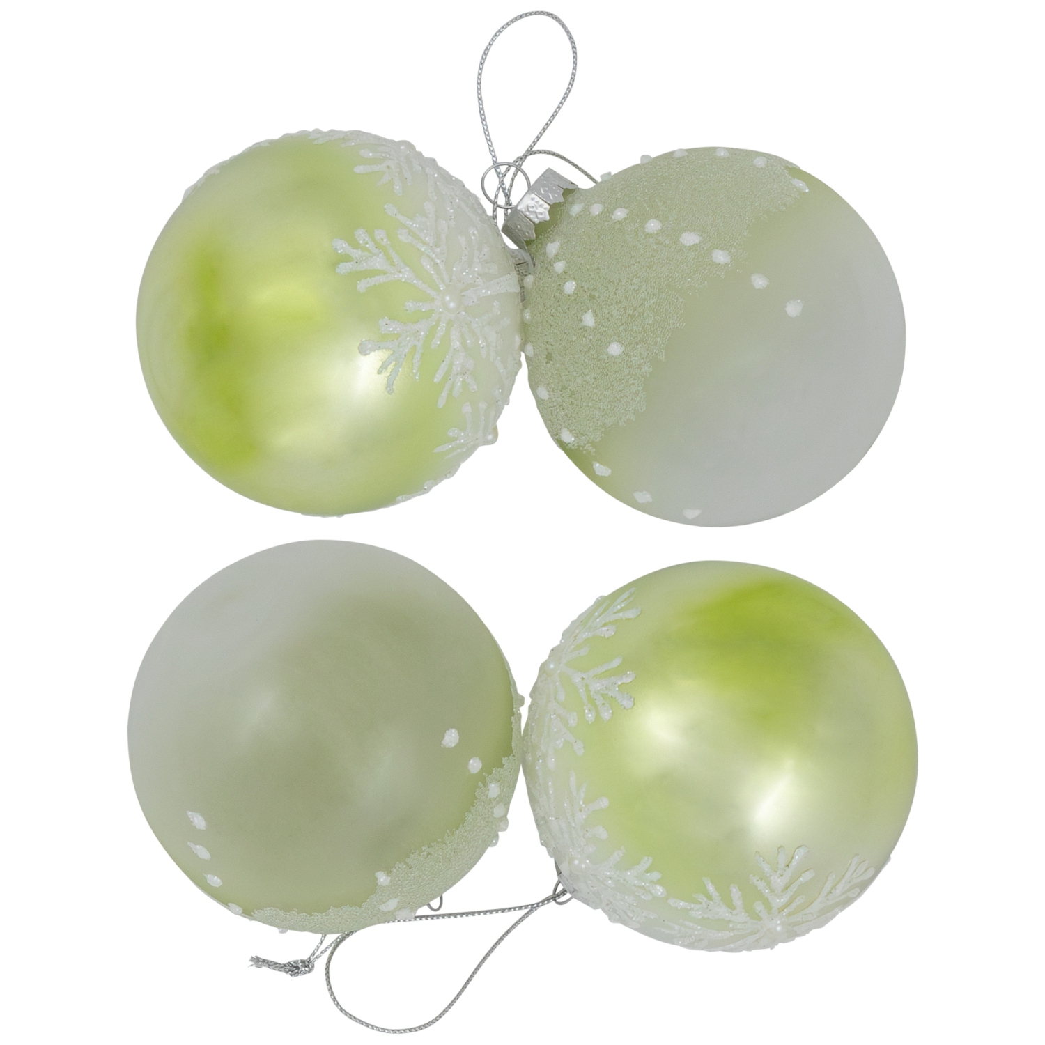 Snowflakes Shiny Glass Ball Christmas Ornaments - 3" - Green and White - 4ct