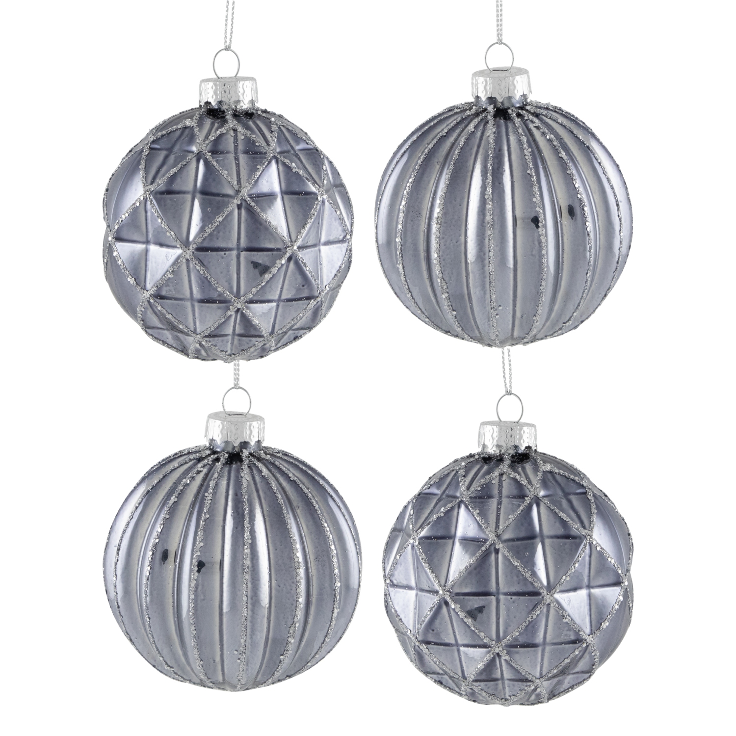 Geometric Glittered Shiny Glass Ball Christmas Ornaments - 3" - Pewter - 4ct