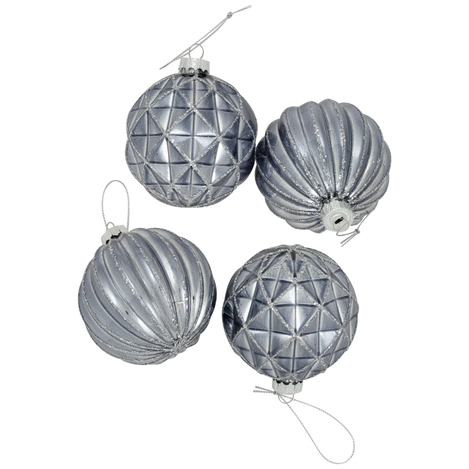 Geometric Glittered Shiny Glass Ball Christmas Ornaments - 3" - Pewter - 4ct