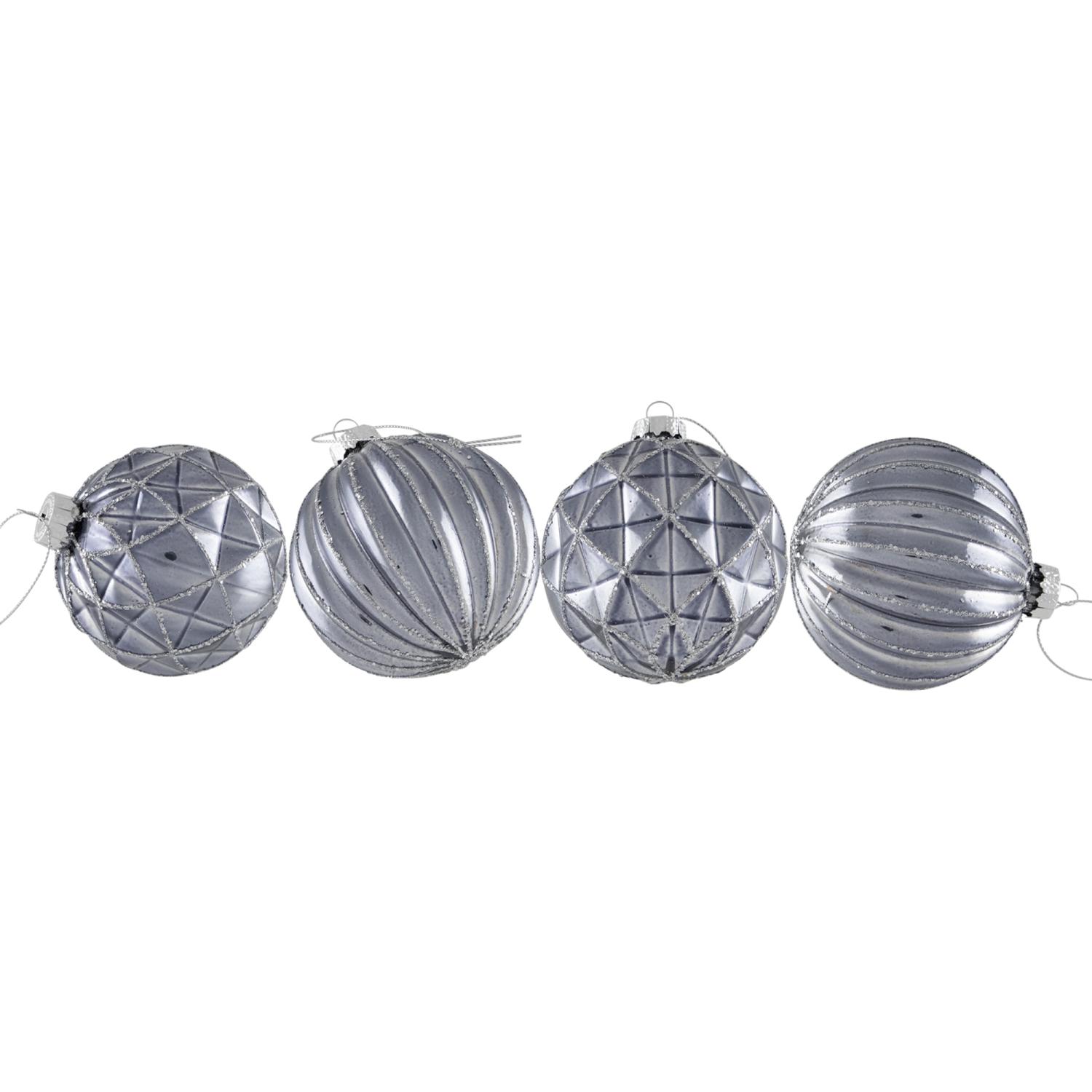 Geometric Glittered Shiny Glass Ball Christmas Ornaments - 3" - Pewter - 4ct