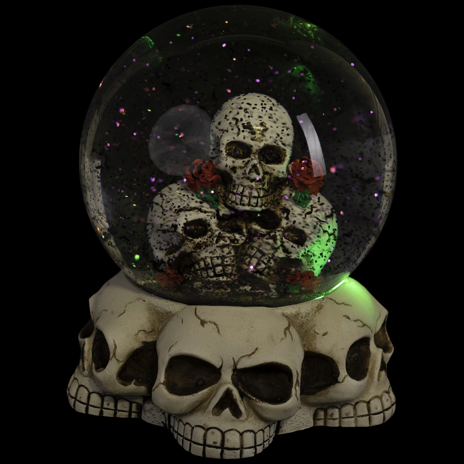 LED Lighted Skulls and Roses Halloween Snow Globe with Sound - 6"
