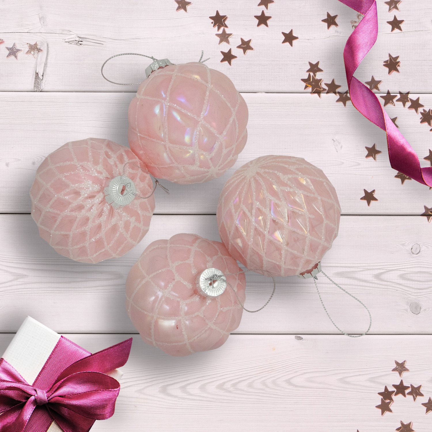Glittered Geometric Iridescent Glass Ball Christmas Ornaments - 3" - Pink - 4ct