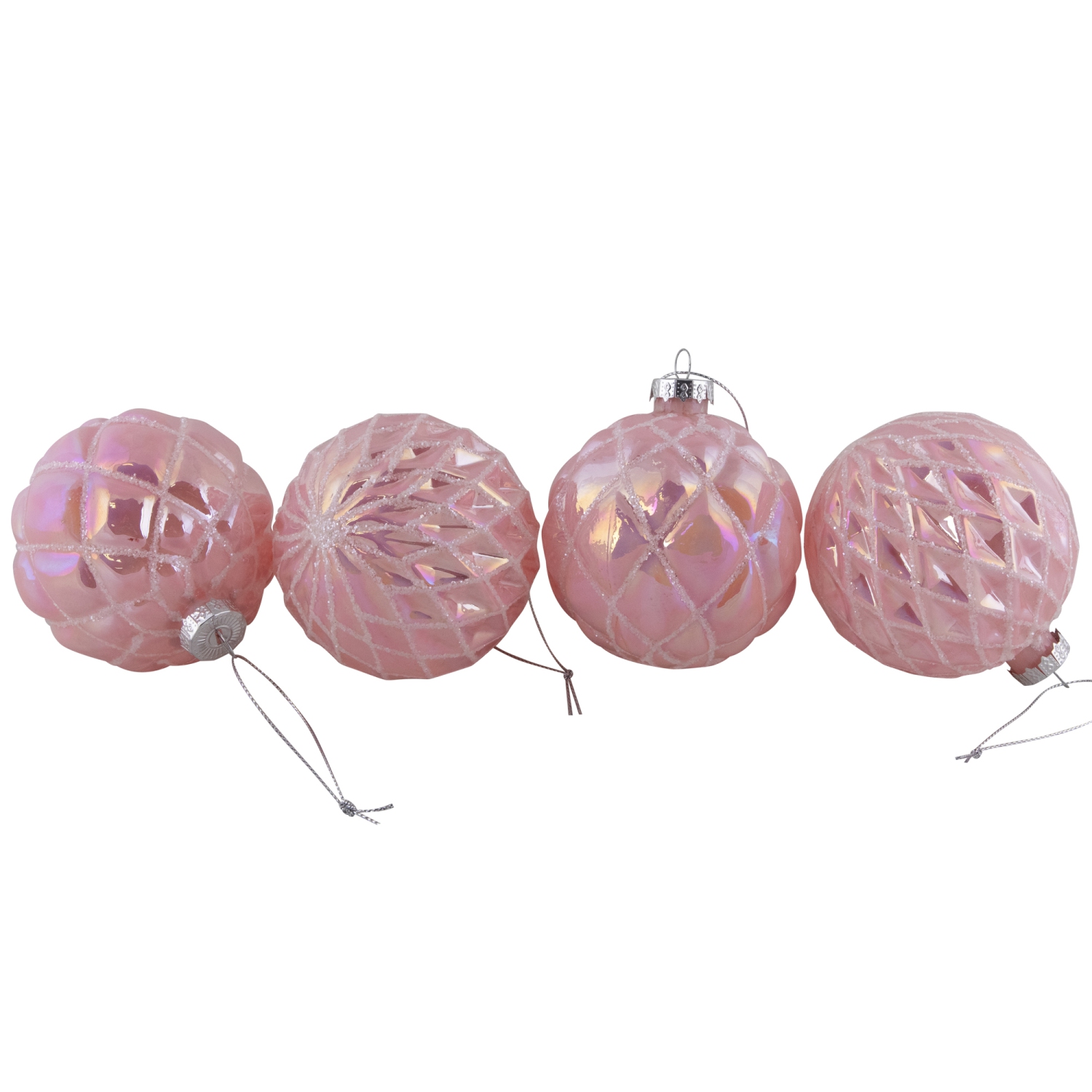 Glittered Geometric Iridescent Glass Ball Christmas Ornaments - 3" - Pink - 4ct